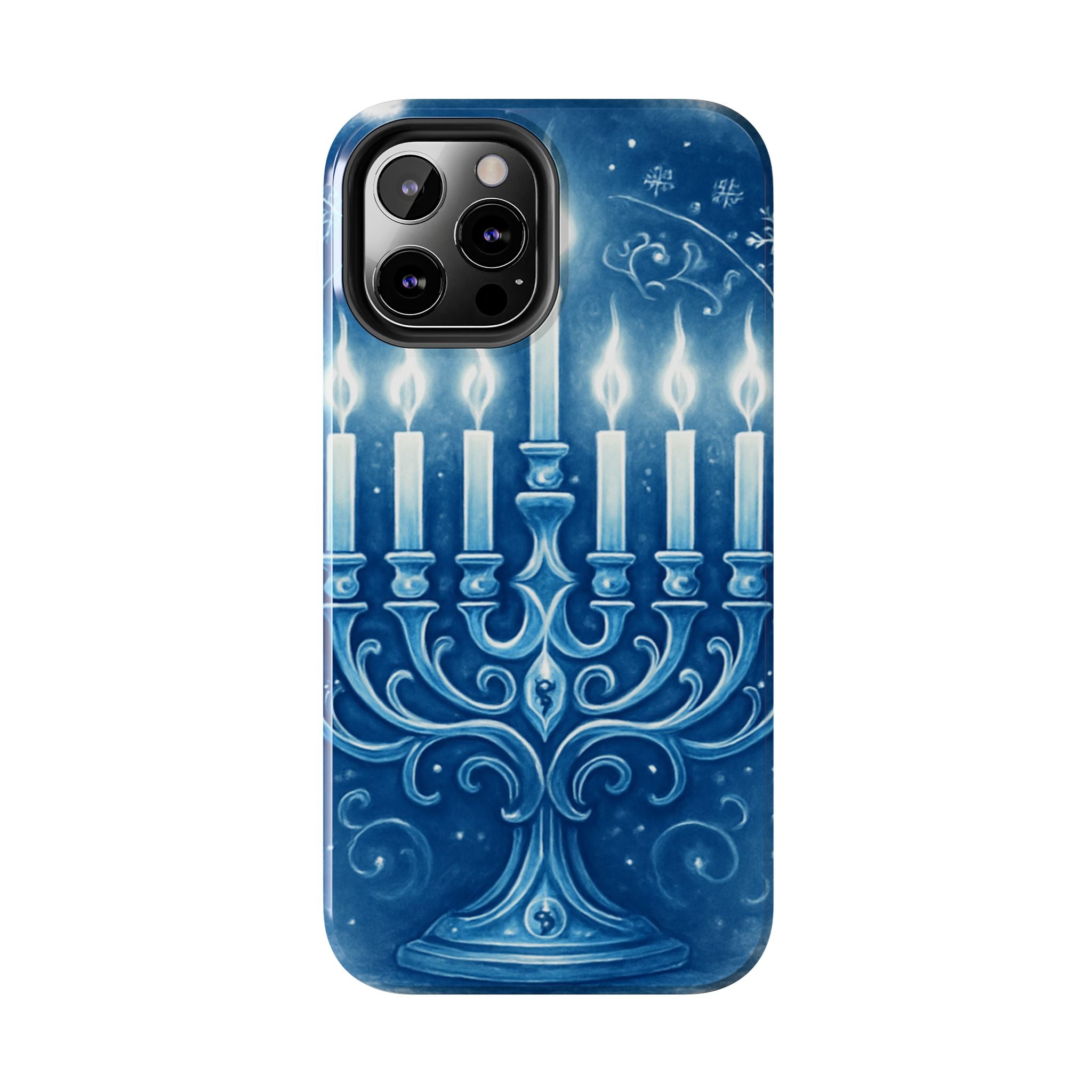 Blue Hanukkah Menorah Tough Phone Case — Holiday Candlelight Protective Cover