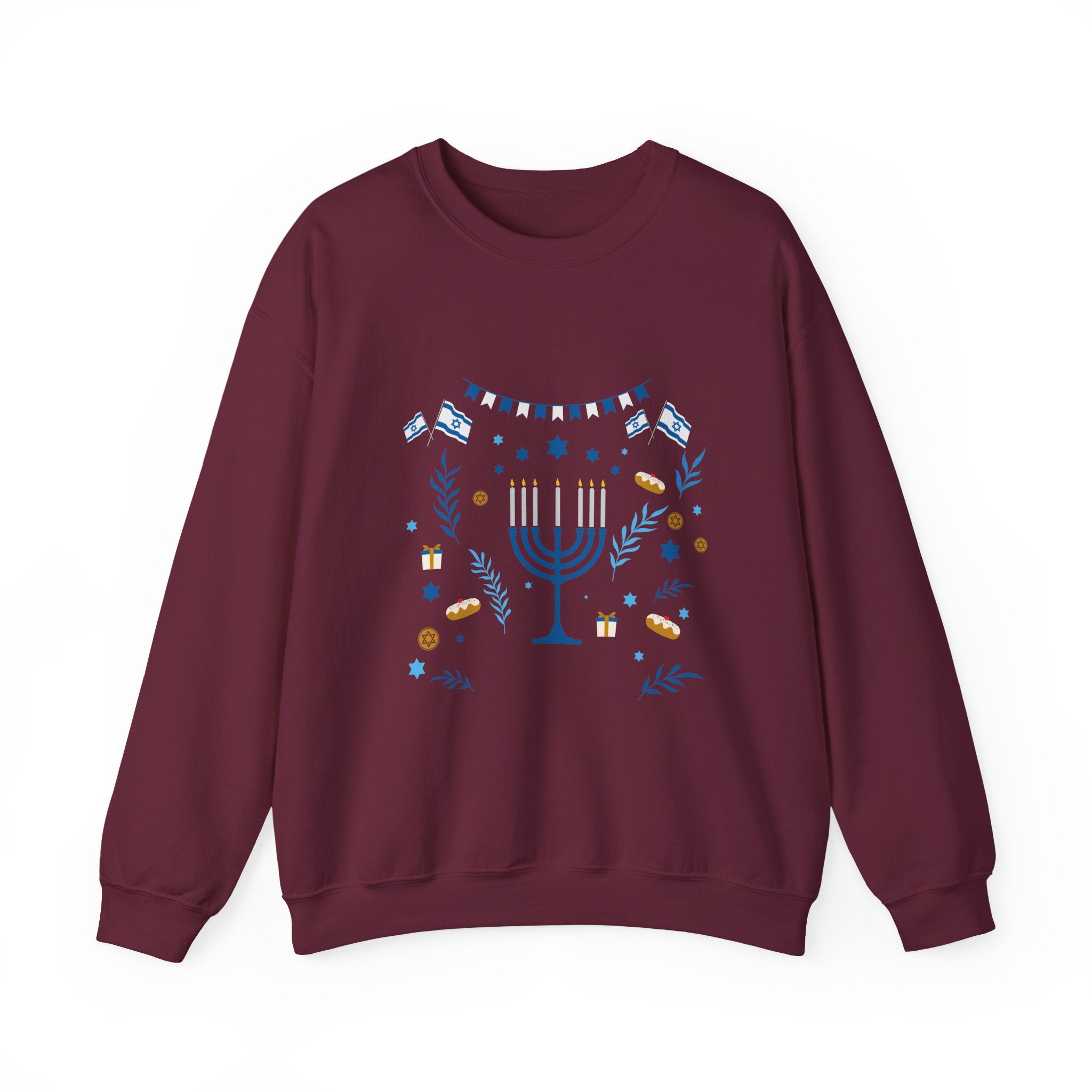 Hanukkah Crewneck Sweatshirt — Menorah & "Happy Hanukkah" Holiday Sweater
