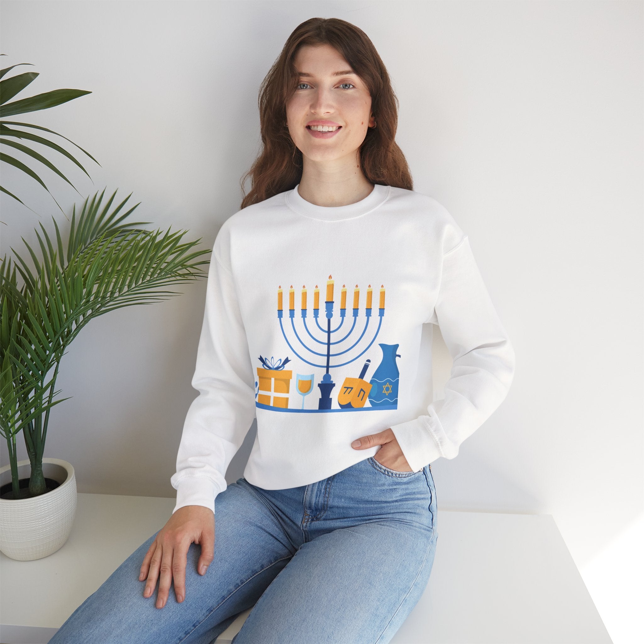 Hanukkah Crewneck Sweatshirt — Menorah, Dreidel & ‘Happy Hanukkah’ Holiday Sweater