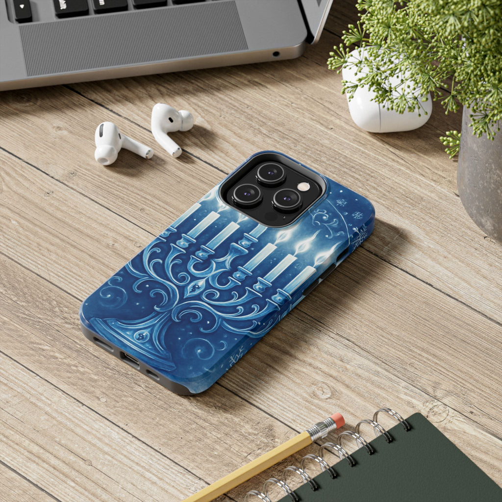 Blue Hanukkah Menorah Tough Phone Case — Holiday Candlelight Protective Cover