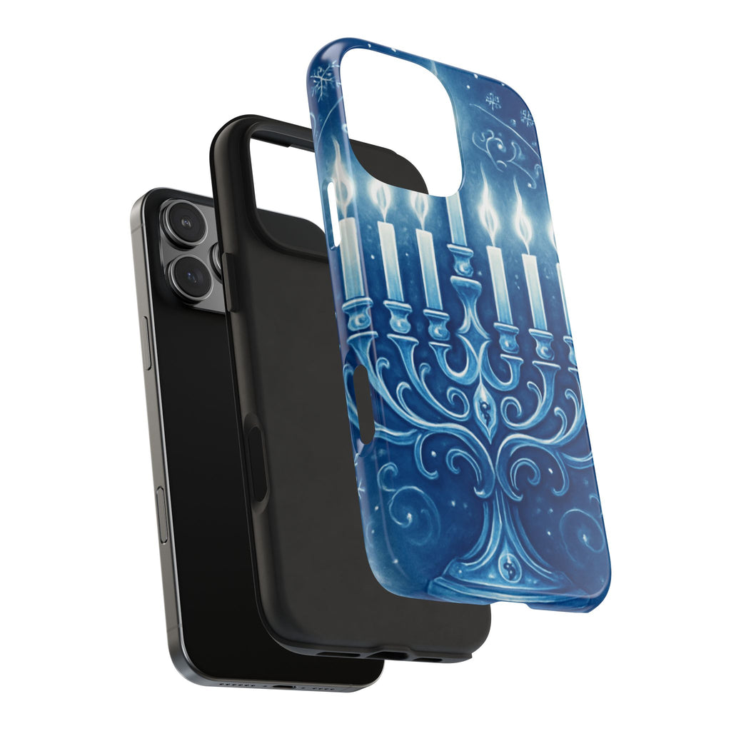 Blue Hanukkah Menorah Tough Phone Case — Holiday Candlelight Protective Cover