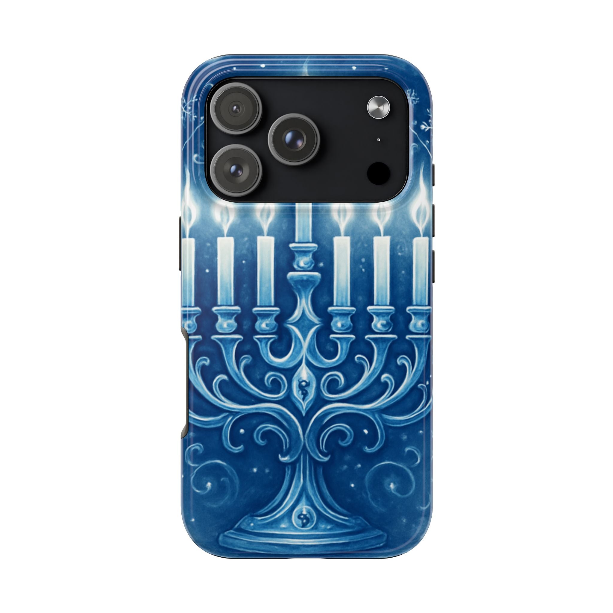 Blue Hanukkah Menorah Tough Phone Case — Holiday Candlelight Protective Cover
