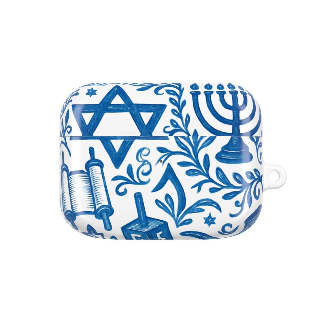 Hanukkah AirPod Case — Blue Menorah, Star of David & Dreidel Design