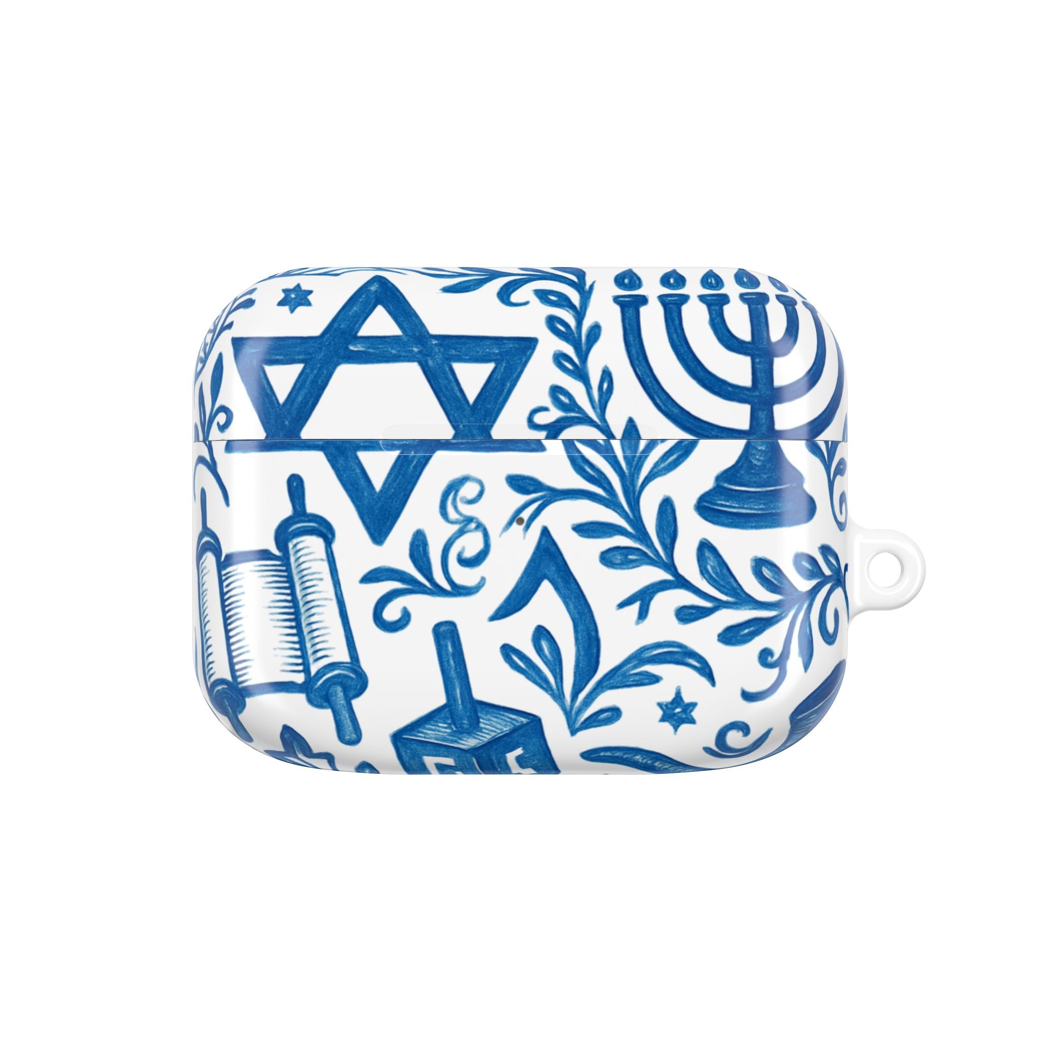 Hanukkah AirPod Case — Blue Menorah, Star of David & Dreidel Design