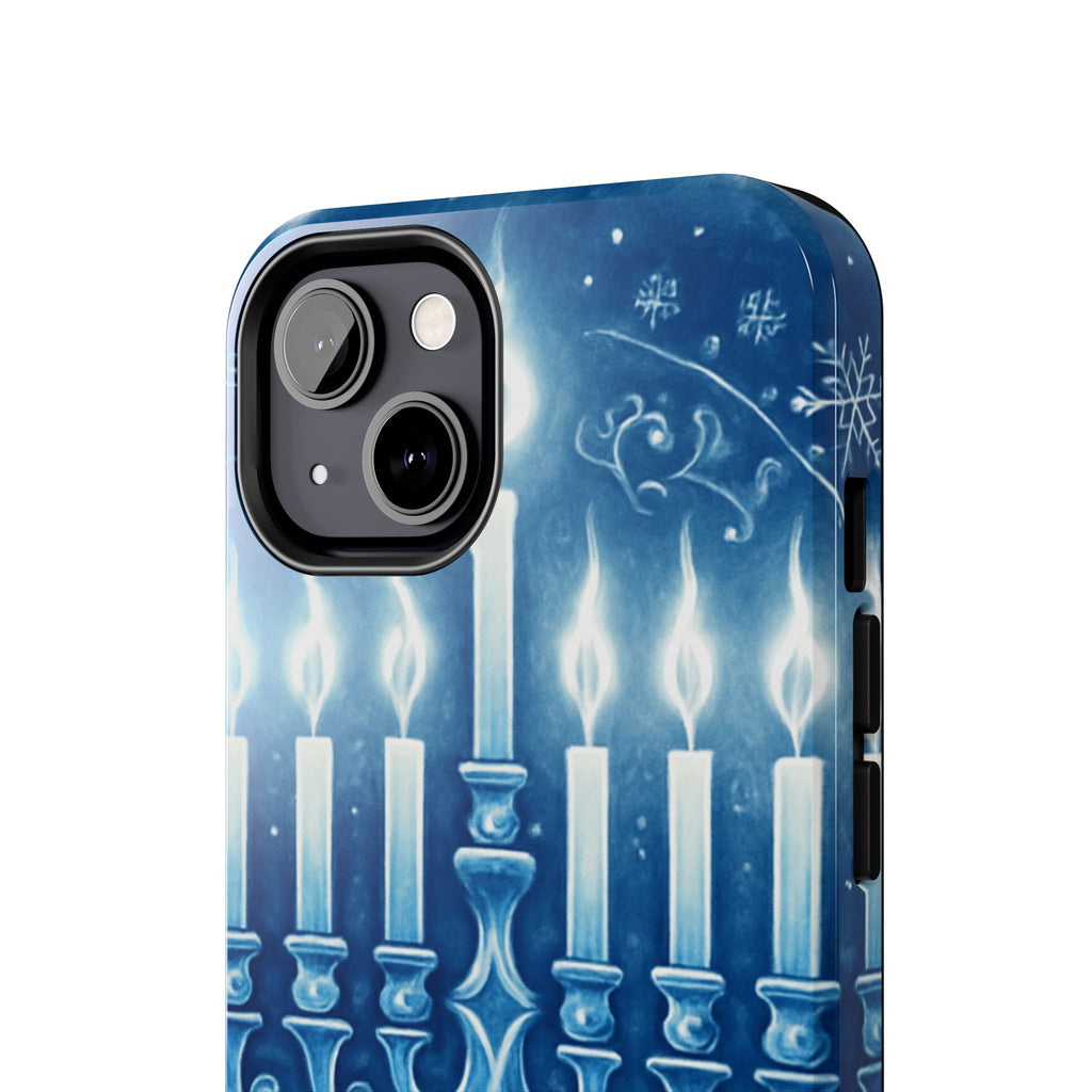 Blue Hanukkah Menorah Tough Phone Case — Holiday Candlelight Protective Cover