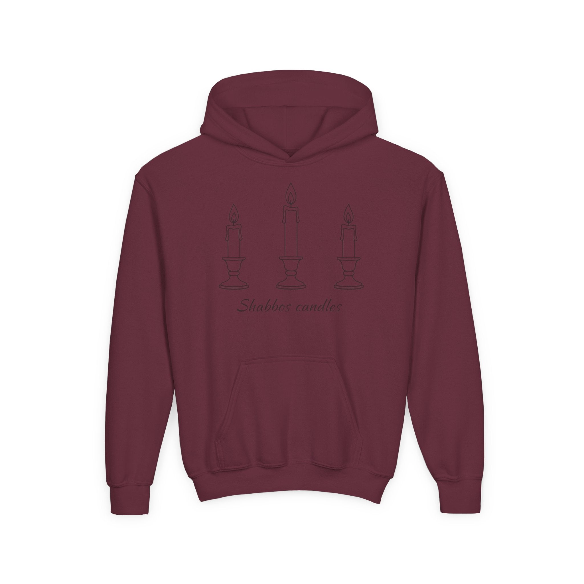 Maroon hoodie with 'Shabbat candles' design on the back against a white background