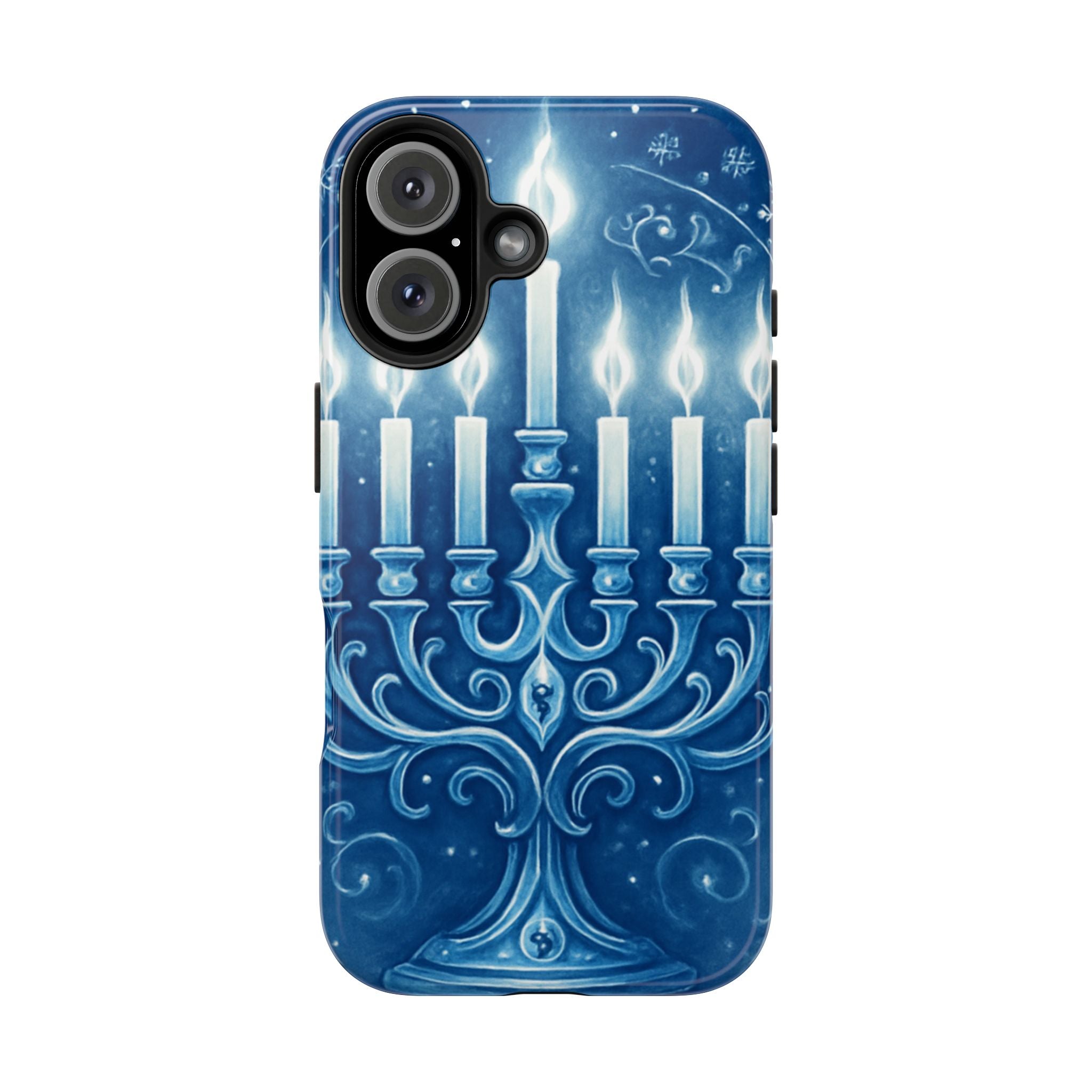Blue Hanukkah Menorah Tough Phone Case — Holiday Candlelight Protective Cover