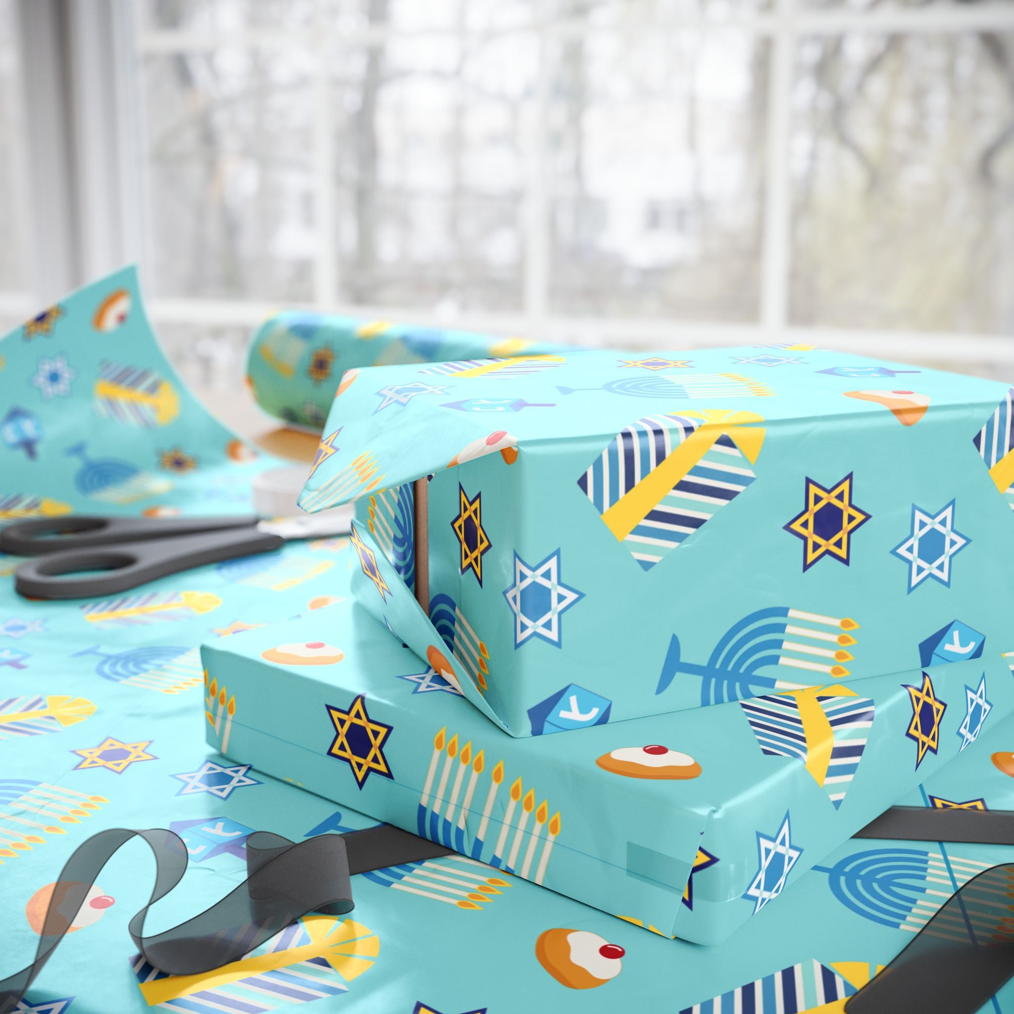 Hanukkah Wrapping Paper Roll – Blue Dreidels, Stars & Sufganiyot Gift Wrap