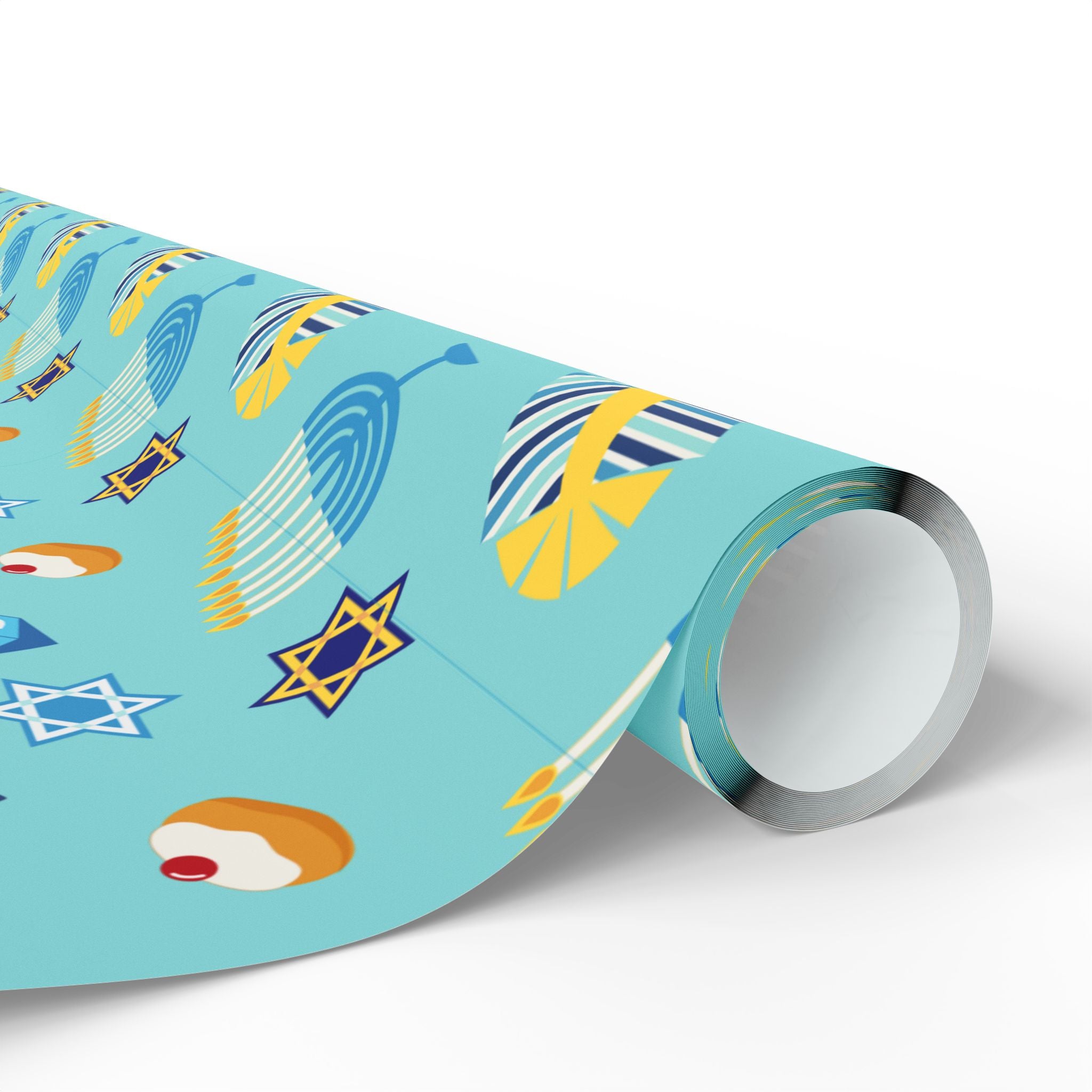 Hanukkah Wrapping Paper Roll – Blue Dreidels, Stars & Sufganiyot Gift Wrap