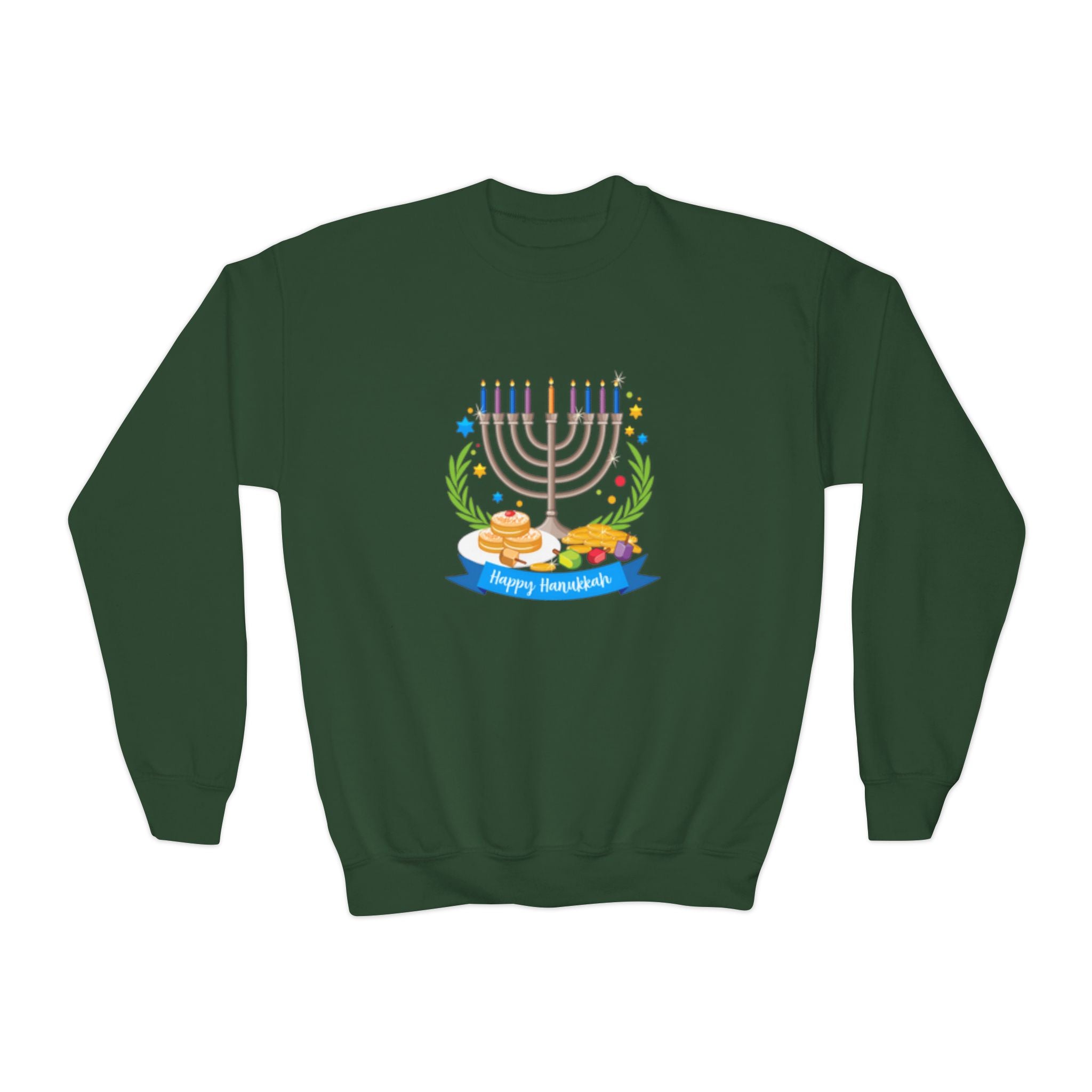 Happy Chanukah Youth Crewneck Sweatshirt — Menorah & Dreidel Holiday Sweater