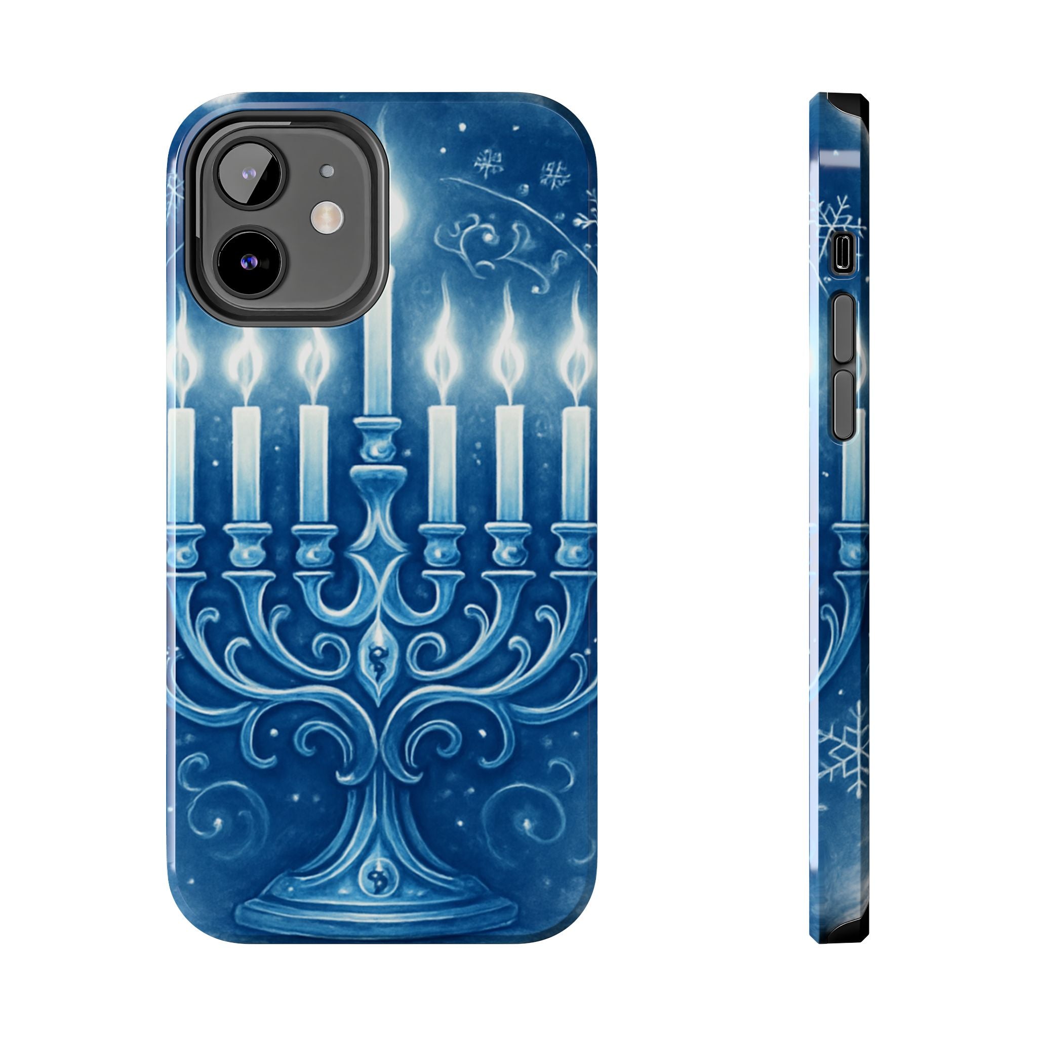 Blue Hanukkah Menorah Tough Phone Case — Holiday Candlelight Protective Cover