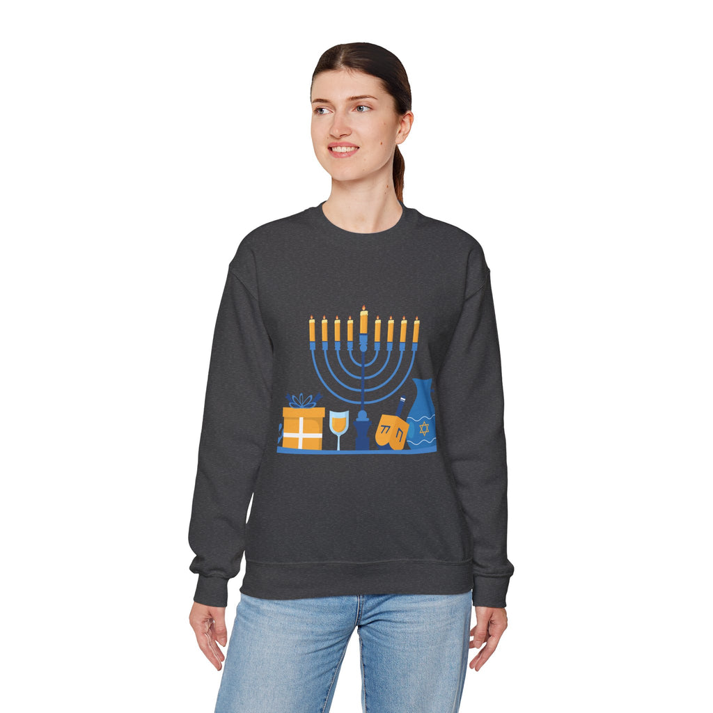Hanukkah Crewneck Sweatshirt — Menorah, Dreidel & ‘Happy Hanukkah’ Holiday Sweater