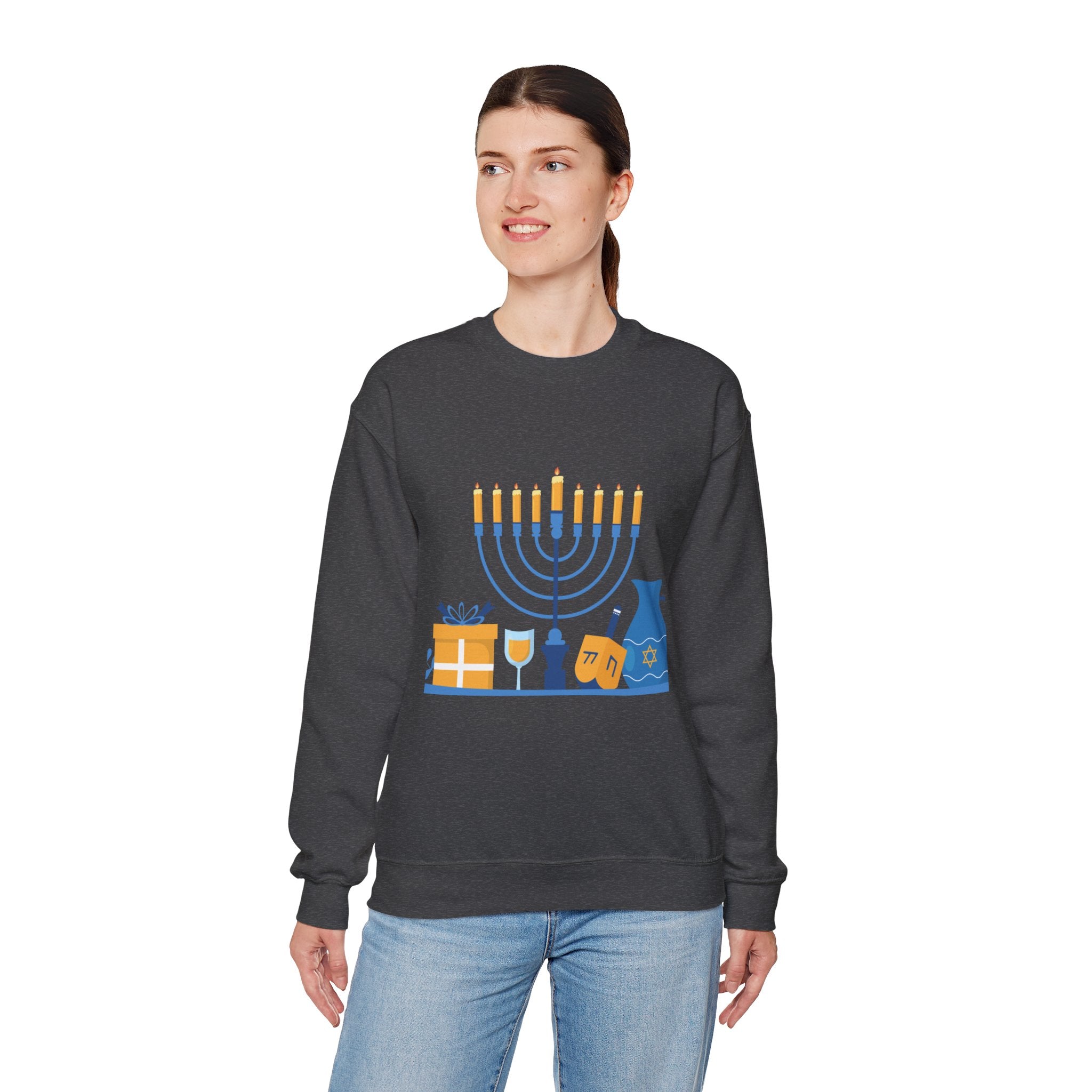 Hanukkah Crewneck Sweatshirt — Menorah, Dreidel & ‘Happy Hanukkah’ Holiday Sweater