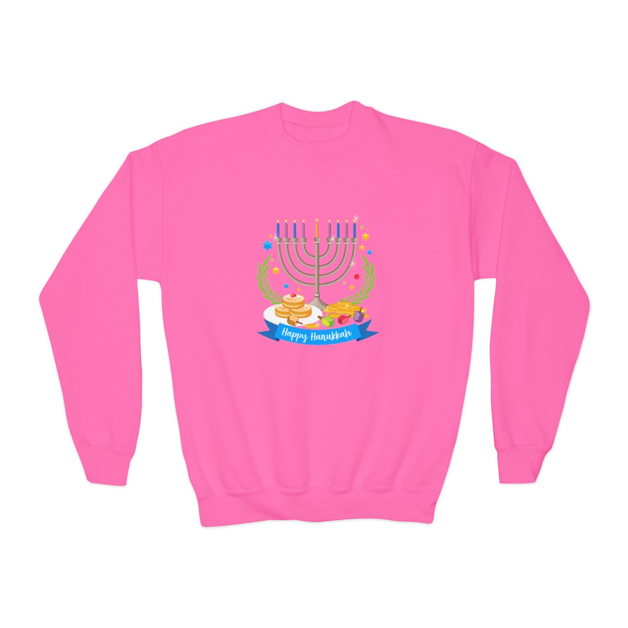 Happy Chanukah Youth Crewneck Sweatshirt — Menorah & Dreidel Holiday Sweater