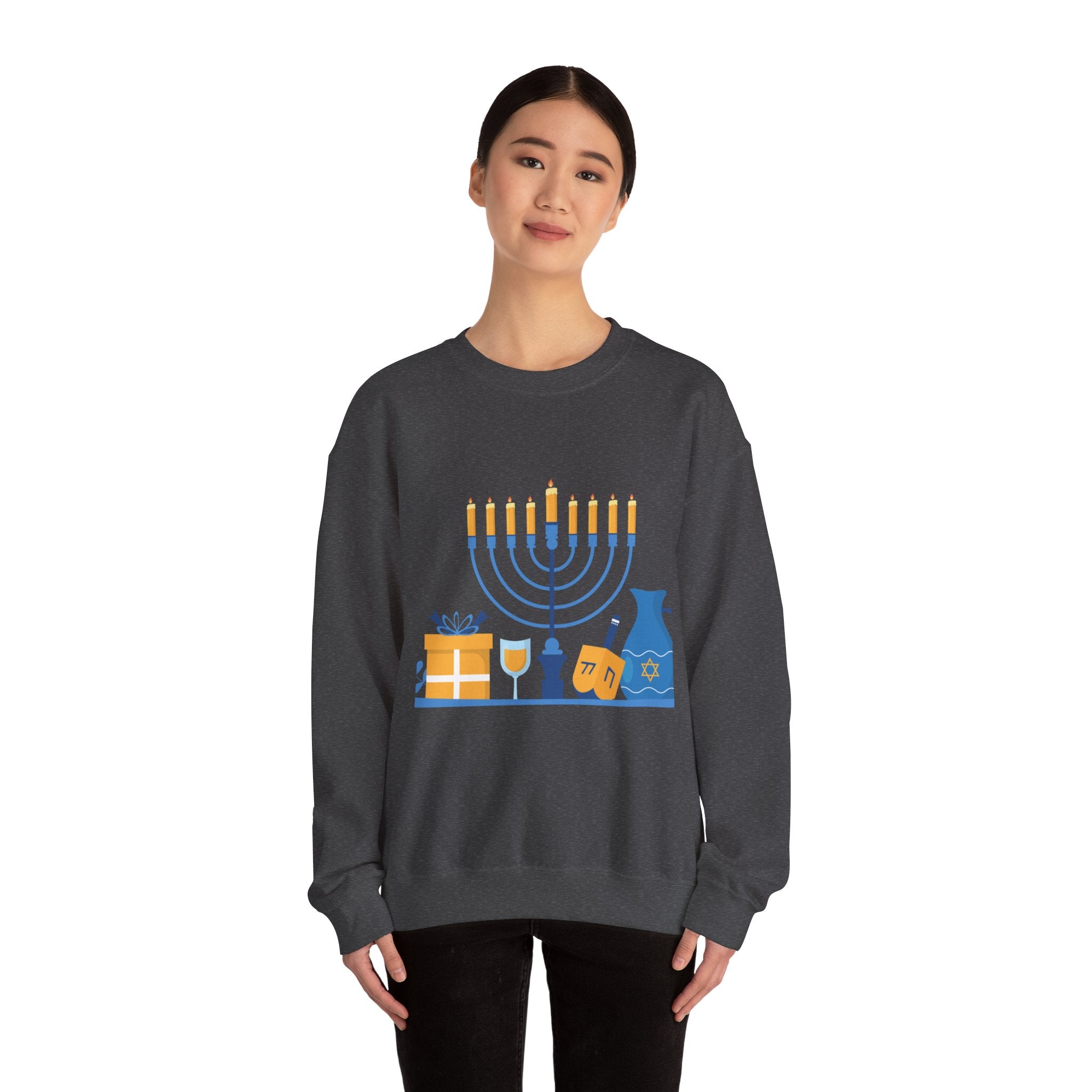 Hanukkah Crewneck Sweatshirt — Menorah, Dreidel & ‘Happy Hanukkah’ Holiday Sweater