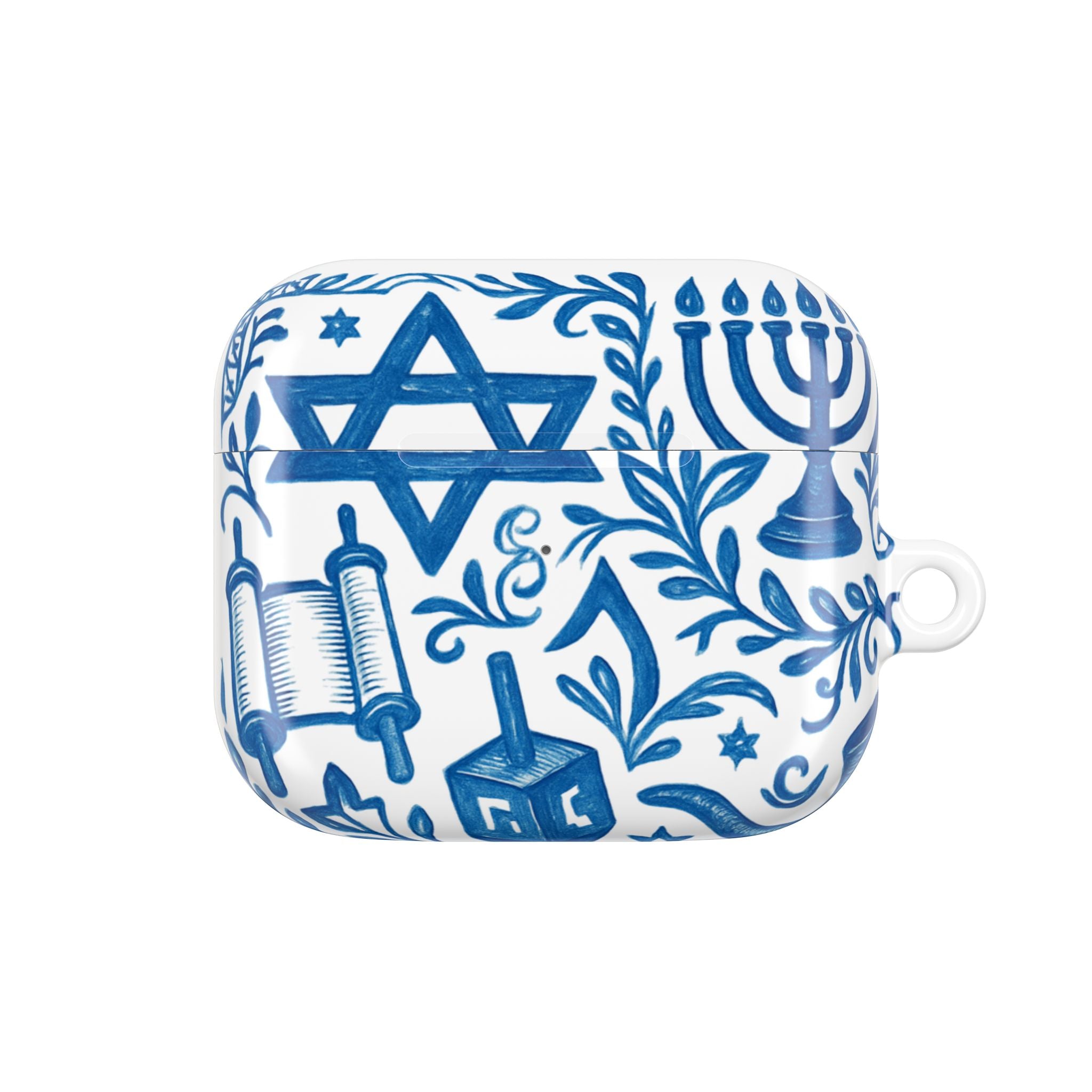 Hanukkah AirPod Case — Blue Menorah, Star of David & Dreidel Design