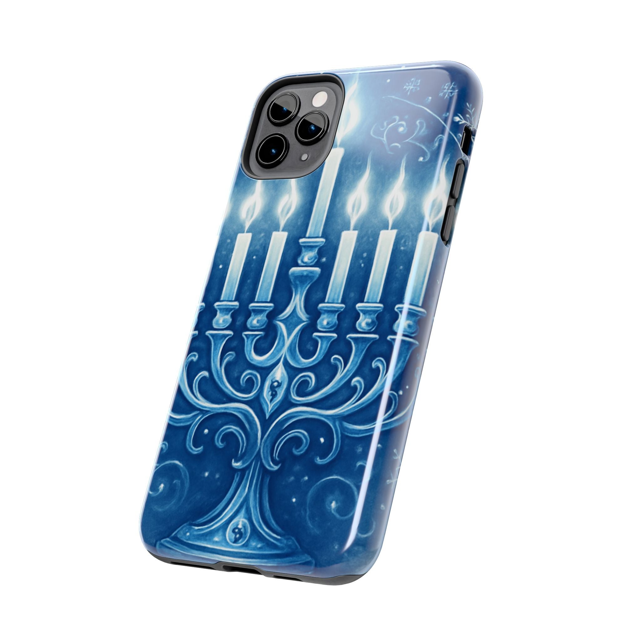 Blue Hanukkah Menorah Tough Phone Case — Holiday Candlelight Protective Cover