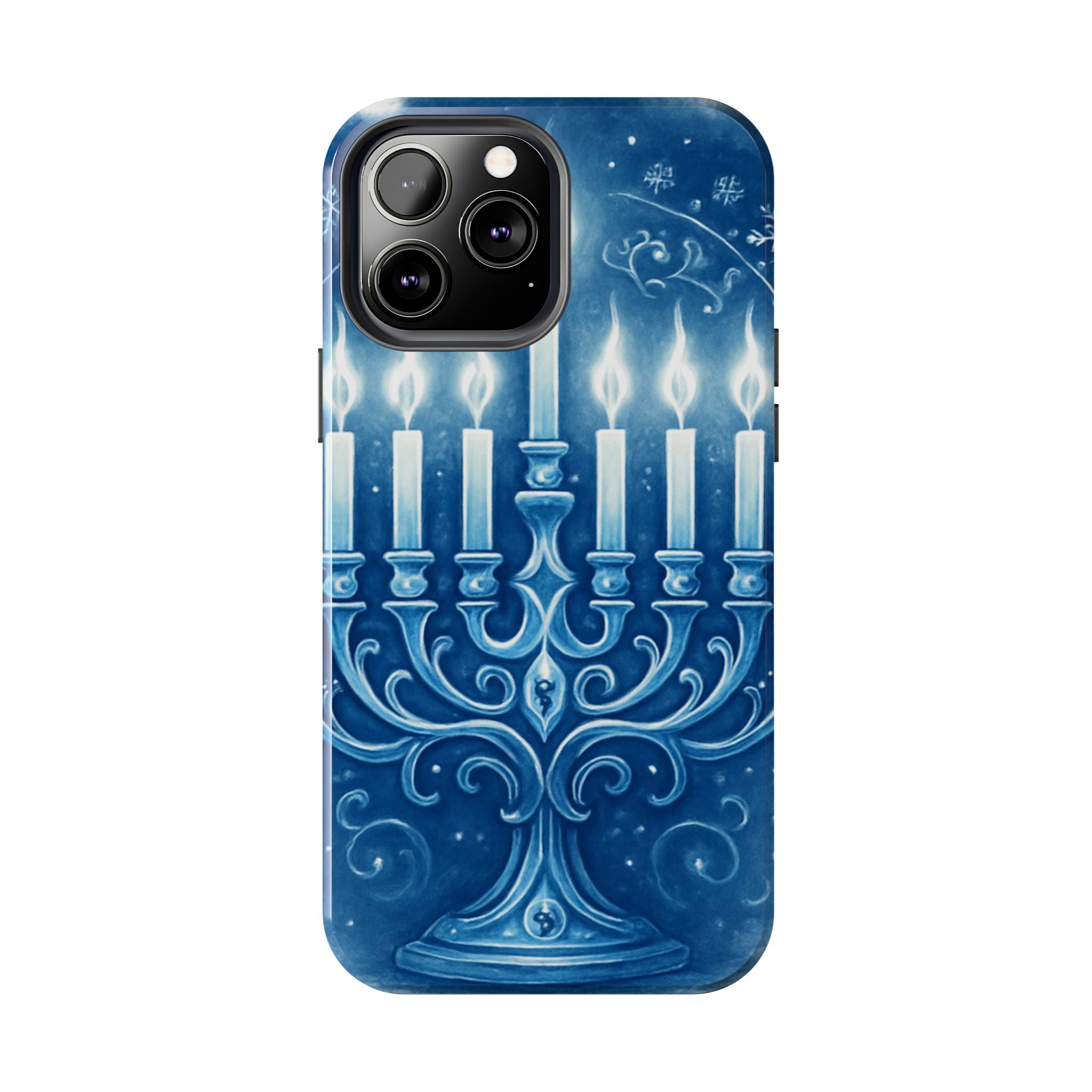 Blue Hanukkah Menorah Tough Phone Case — Holiday Candlelight Protective Cover