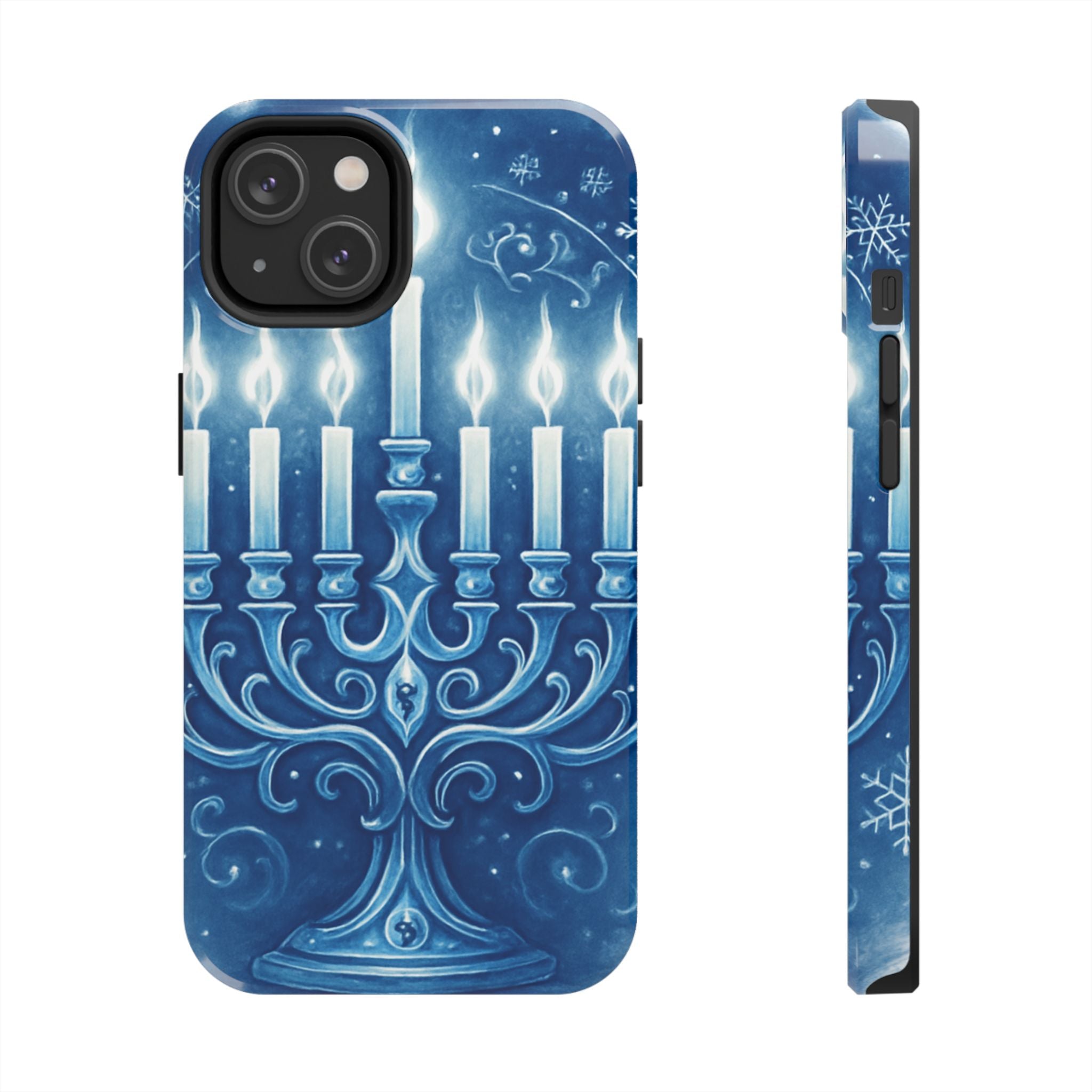 Blue Hanukkah Menorah Tough Phone Case — Holiday Candlelight Protective Cover