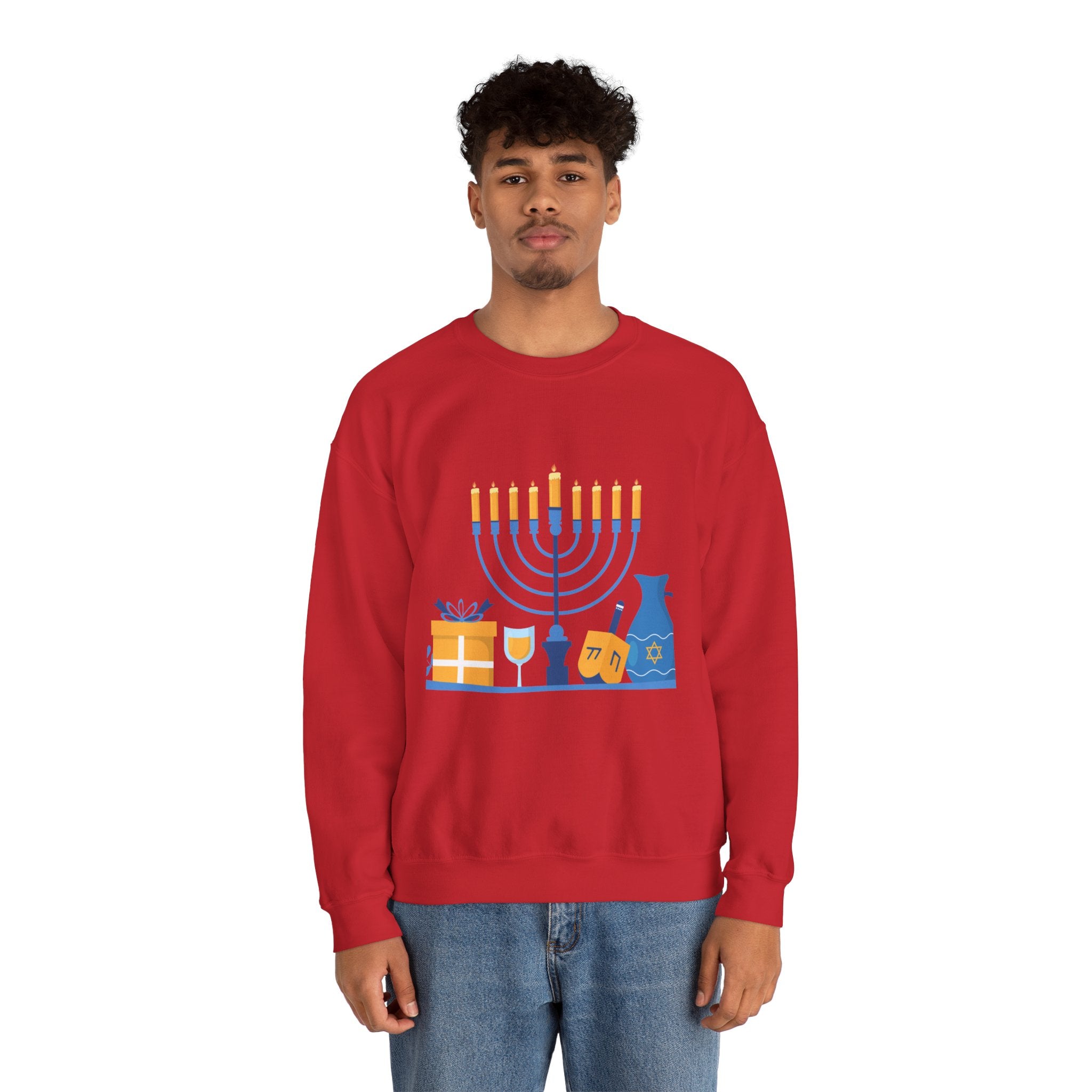 Hanukkah Crewneck Sweatshirt — Menorah, Dreidel & ‘Happy Hanukkah’ Holiday Sweater
