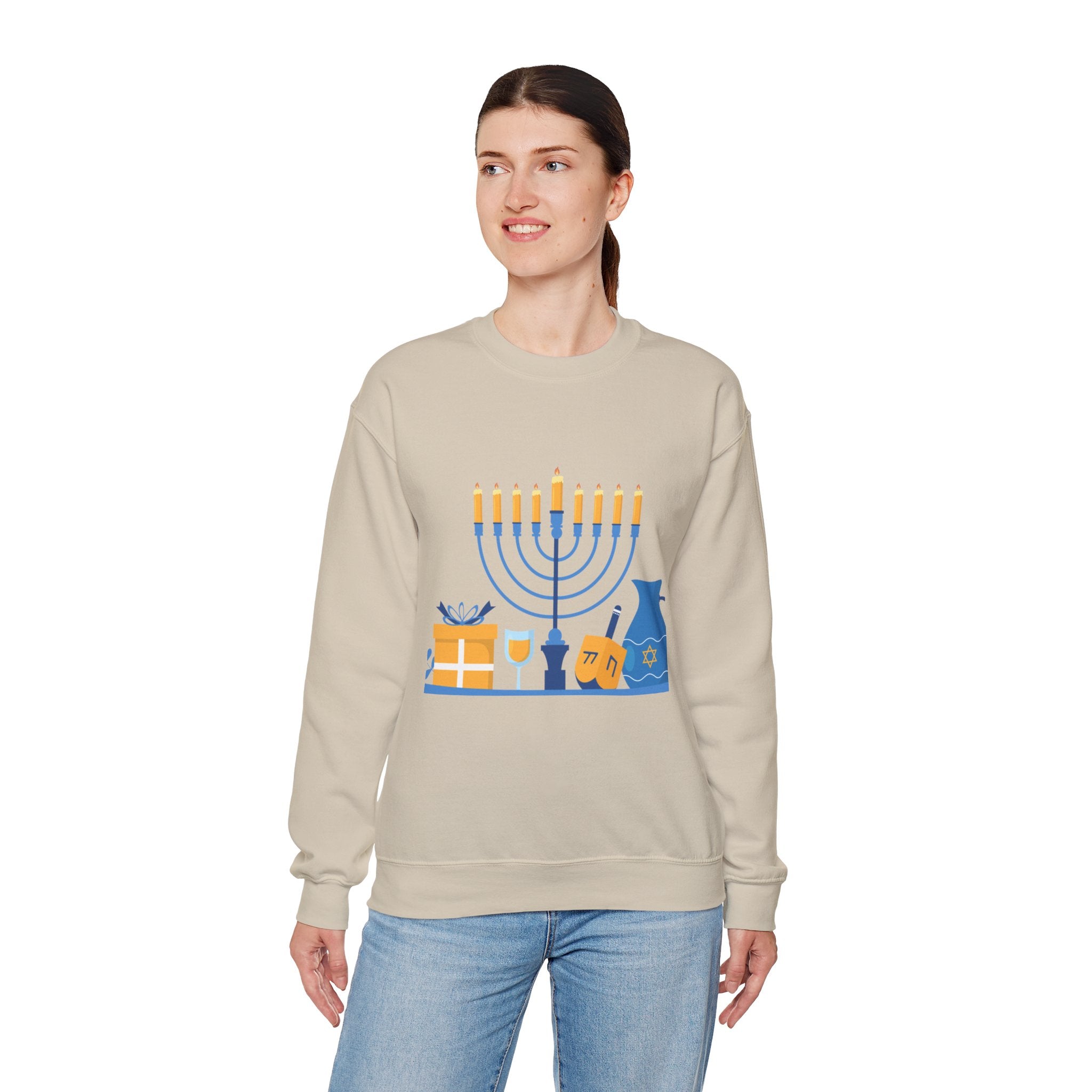 Hanukkah Crewneck Sweatshirt — Menorah, Dreidel & ‘Happy Hanukkah’ Holiday Sweater