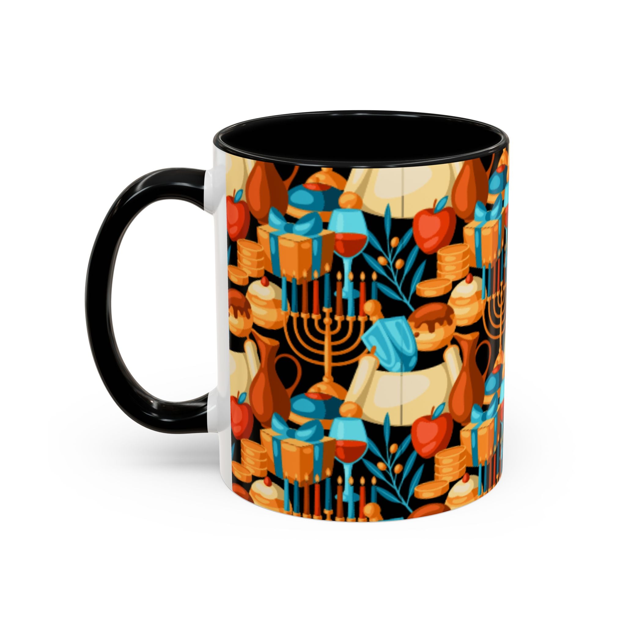 Hanukkah Pattern Accent Coffee Mug — Menorah, Dreidel & Sufganiyot Holiday Design (11/15oz)