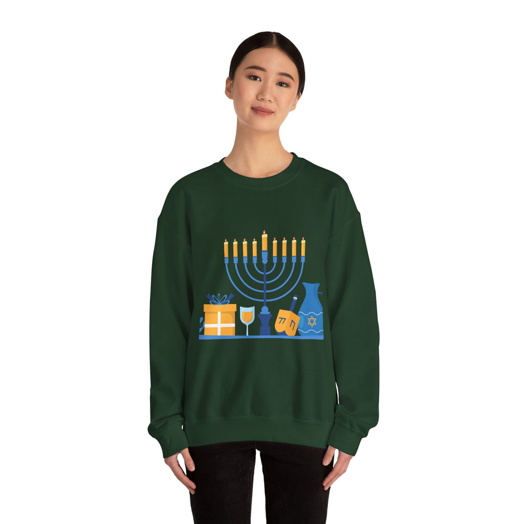 Hanukkah Crewneck Sweatshirt — Menorah, Dreidel & ‘Happy Hanukkah’ Holiday Sweater