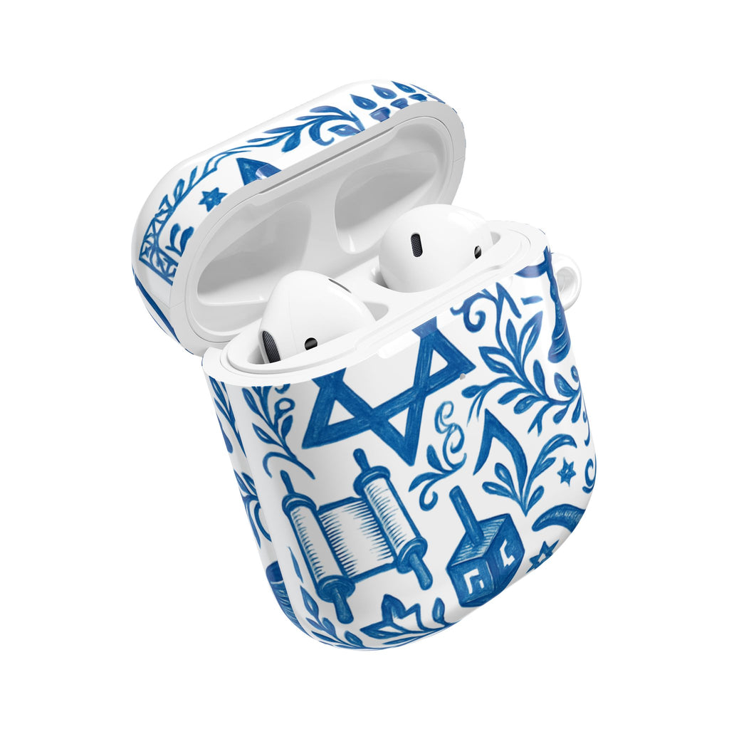 Hanukkah AirPod Case — Blue Menorah, Star of David & Dreidel Design