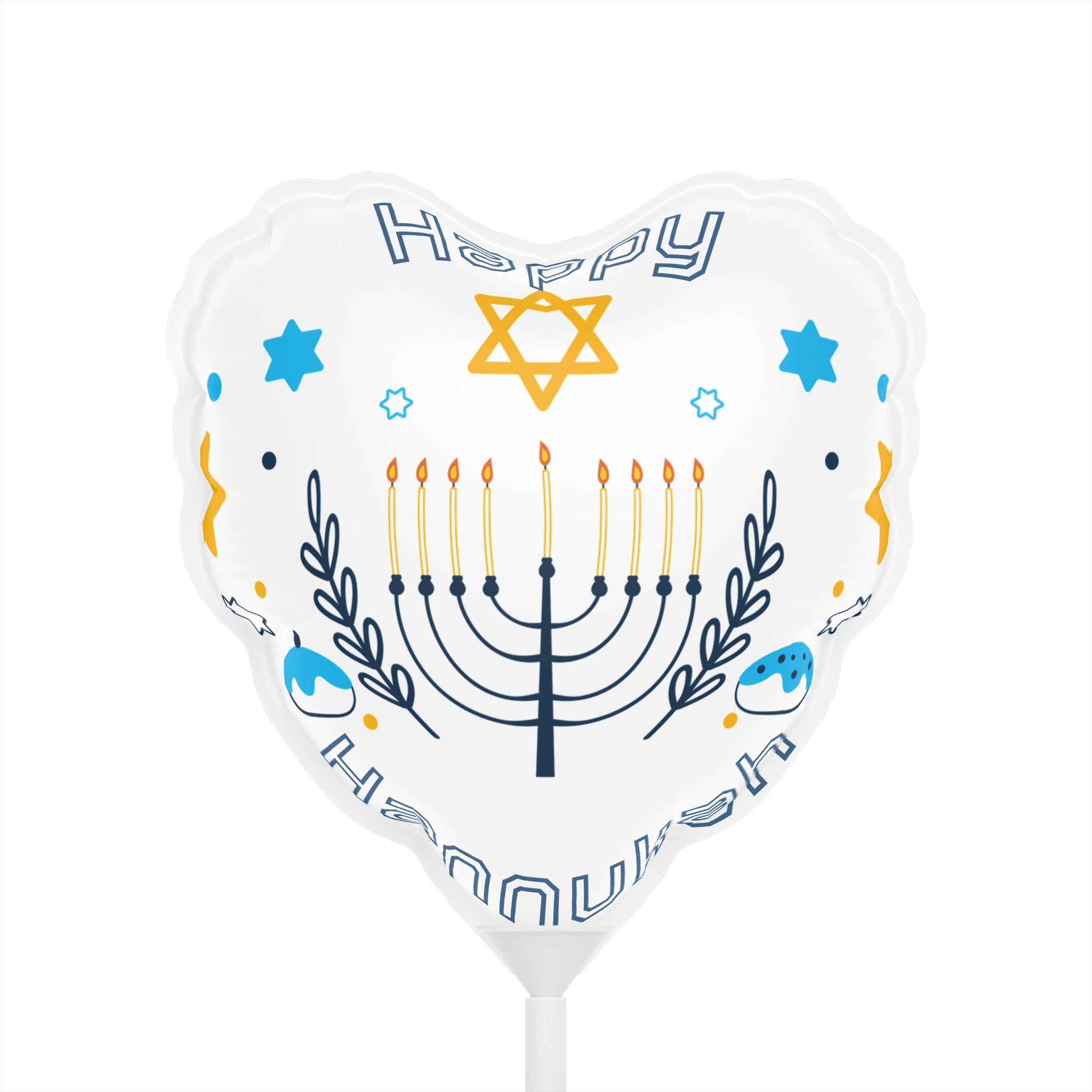 Heart-shaped balloon with Hanukkah symbols on a white background