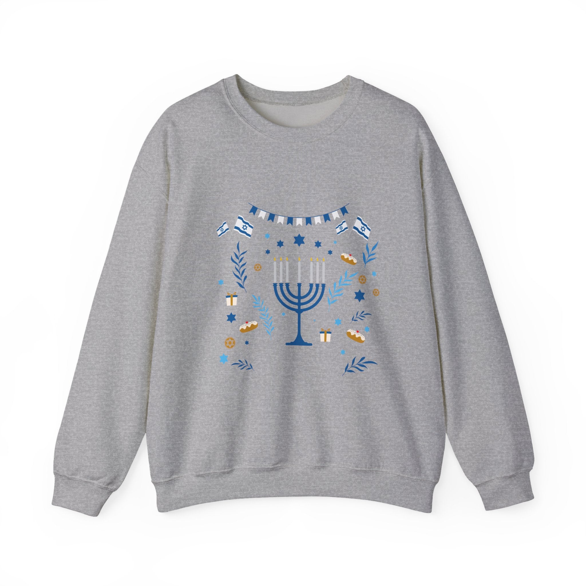 Hanukkah Crewneck Sweatshirt — Menorah & "Happy Hanukkah" Holiday Sweater
