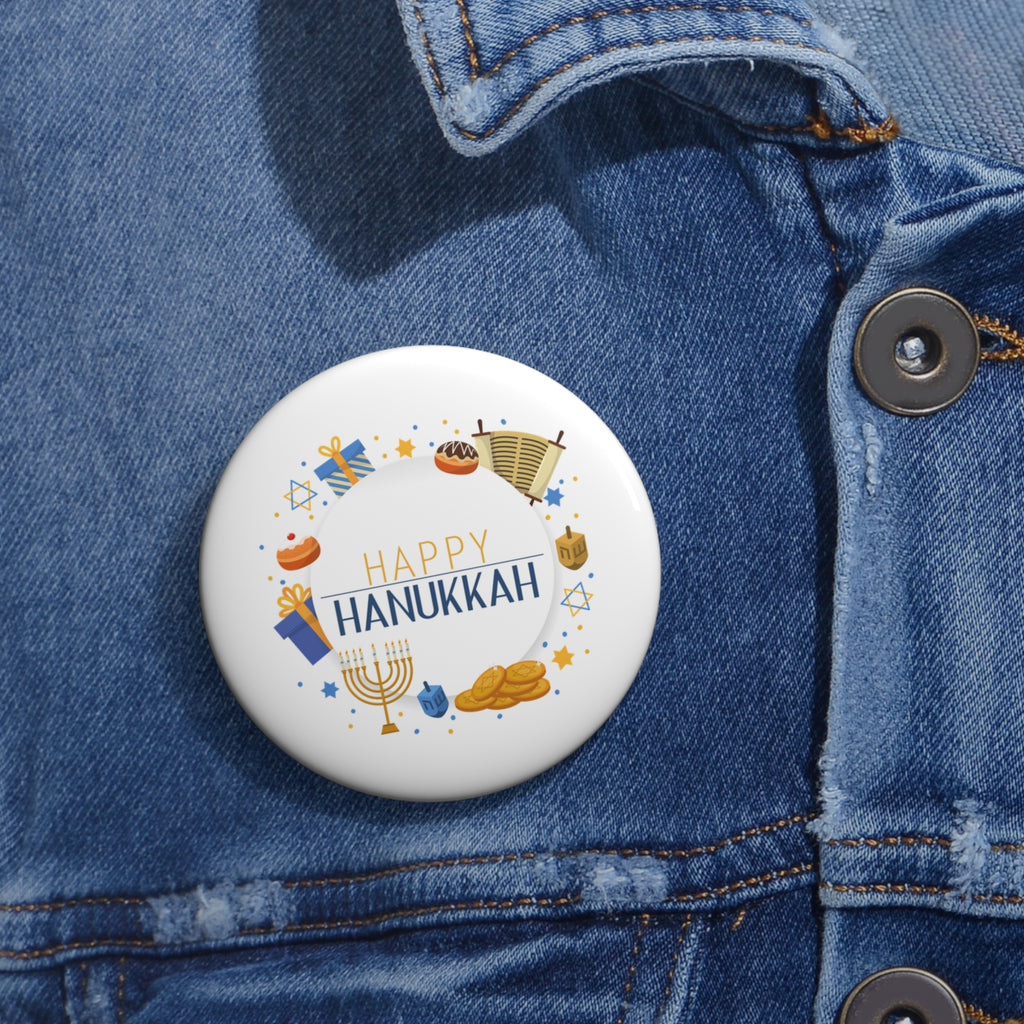 Happy Hanukkah Pin Button — Festive Menorah & Dreidel Holiday Badge