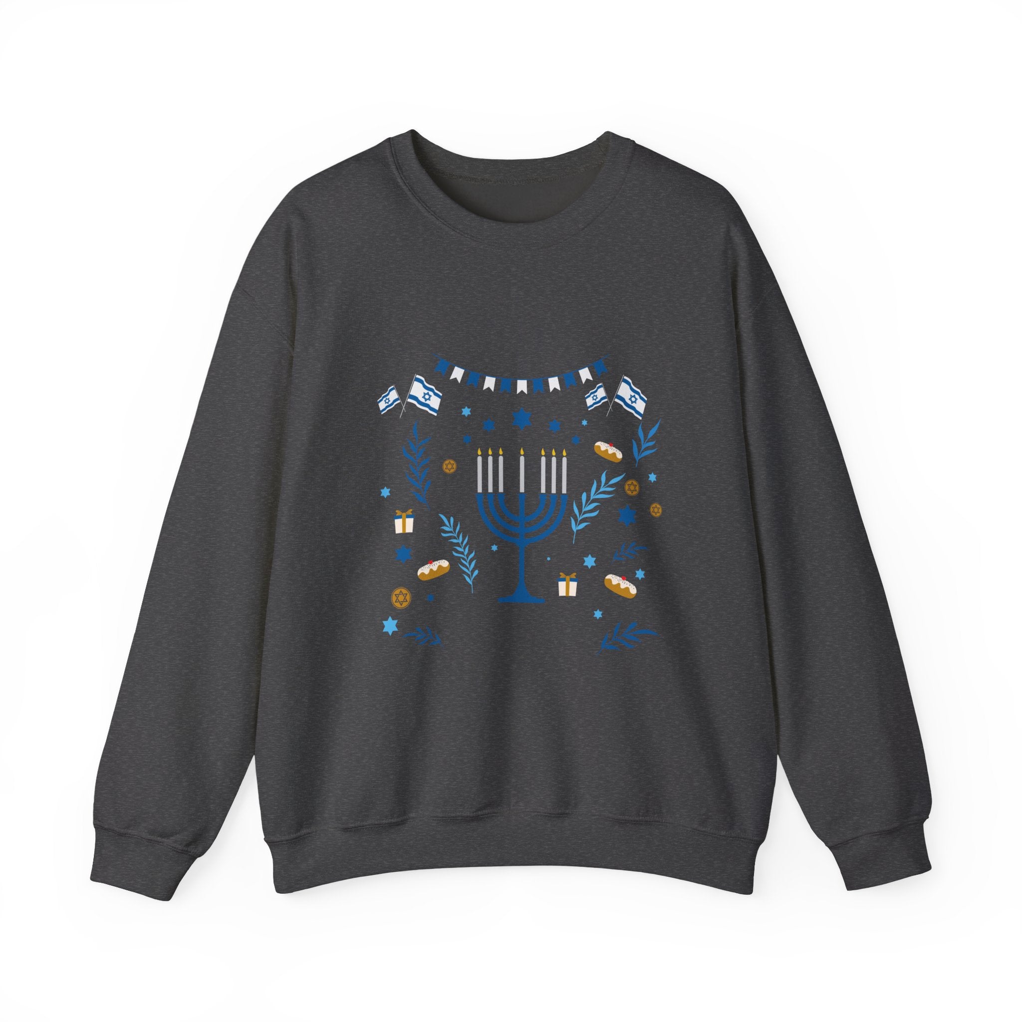 Hanukkah Crewneck Sweatshirt — Menorah & "Happy Hanukkah" Holiday Sweater