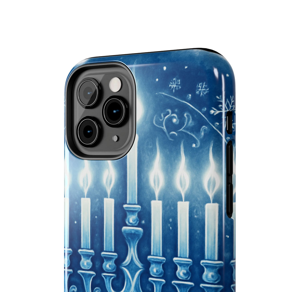 Blue Hanukkah Menorah Tough Phone Case — Holiday Candlelight Protective Cover