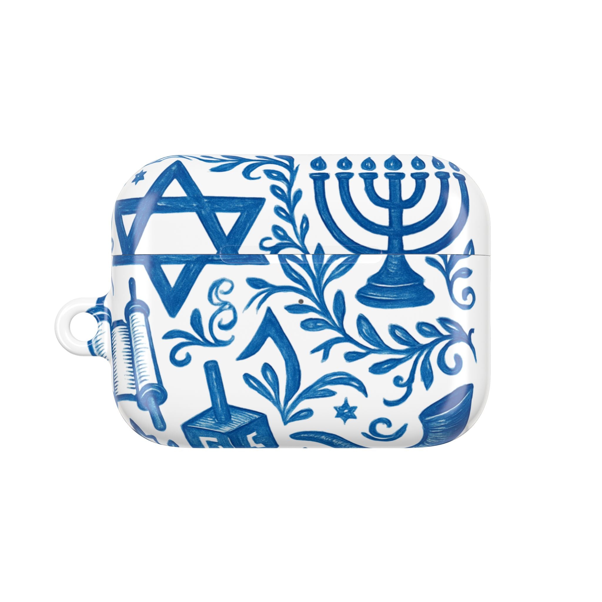 Hanukkah AirPod Case — Blue Menorah, Star of David & Dreidel Design