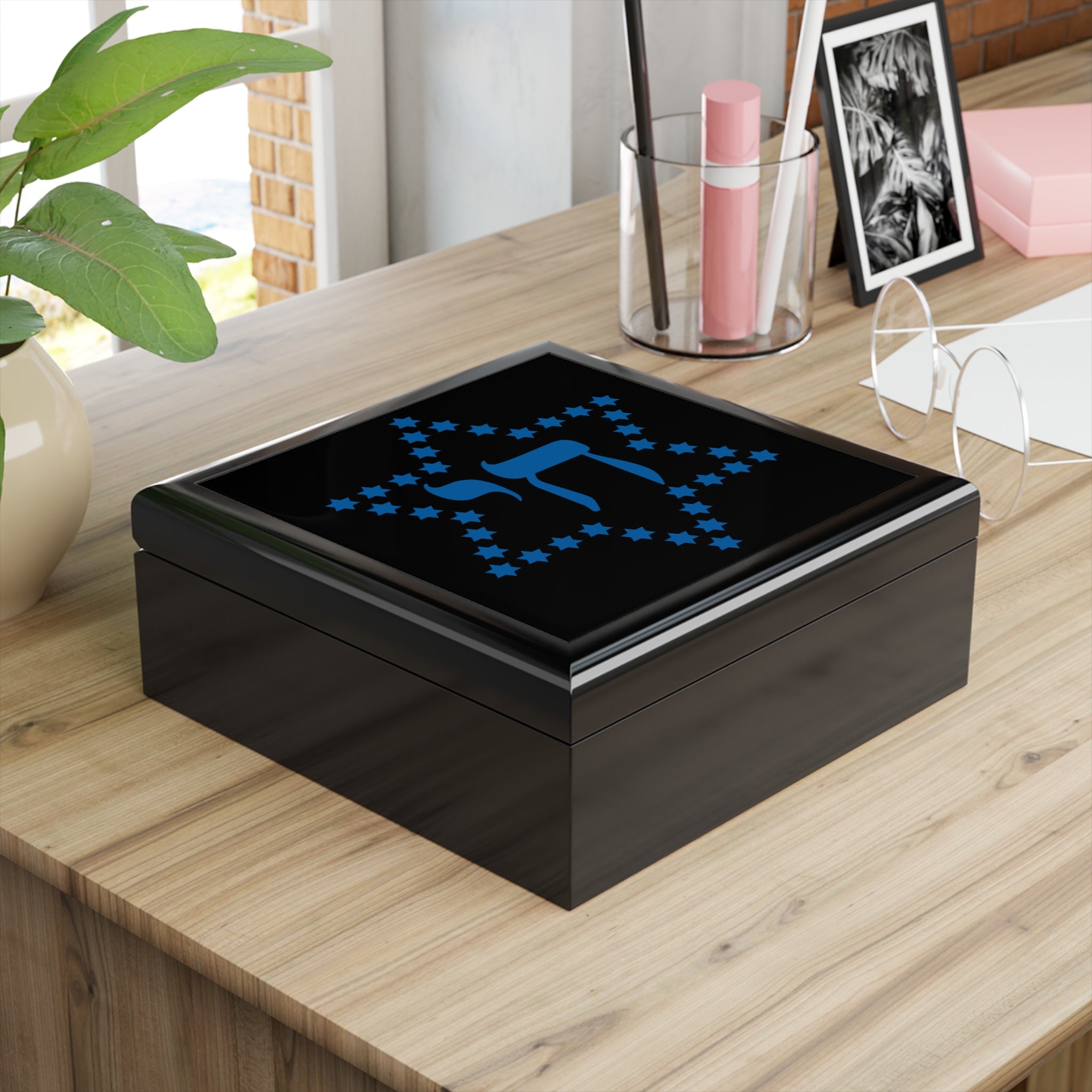Star of David Jewelry Box with Blue Chai Design — Jewish Keepsake Gift