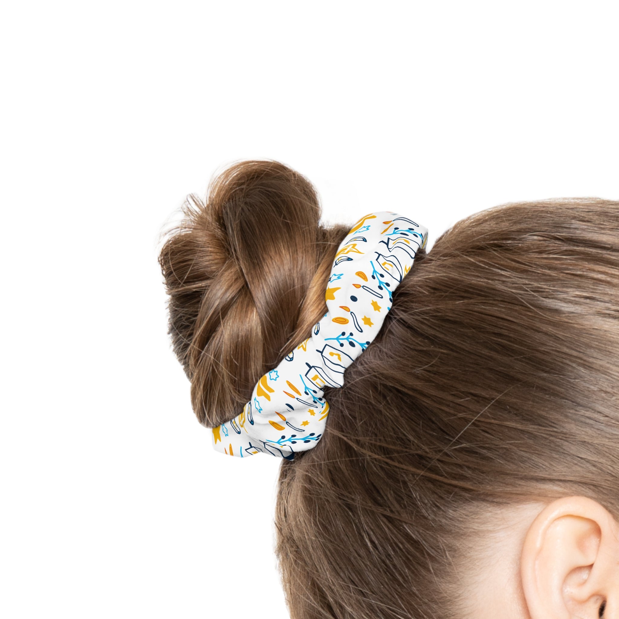 Hanukkah Star Pattern Scrunchie — White & Gold Festive Hair Accessory