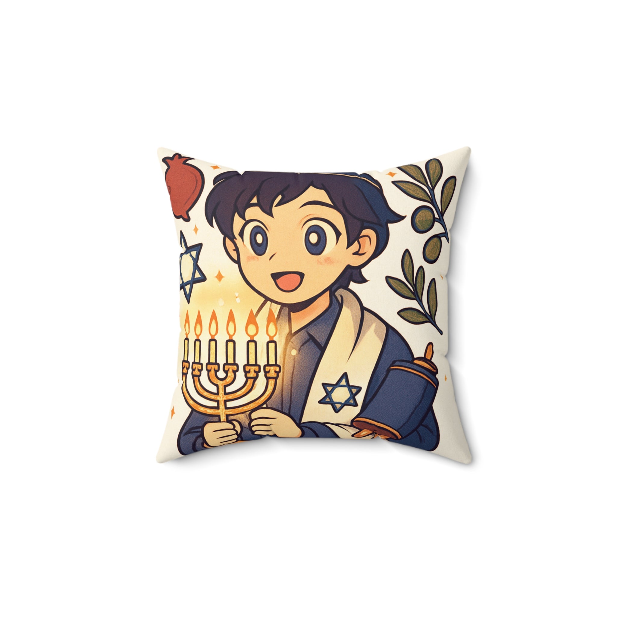 Hanukkah Boy Decorative Pillow — Menorah & Torah Festive Holiday Throw Pillow