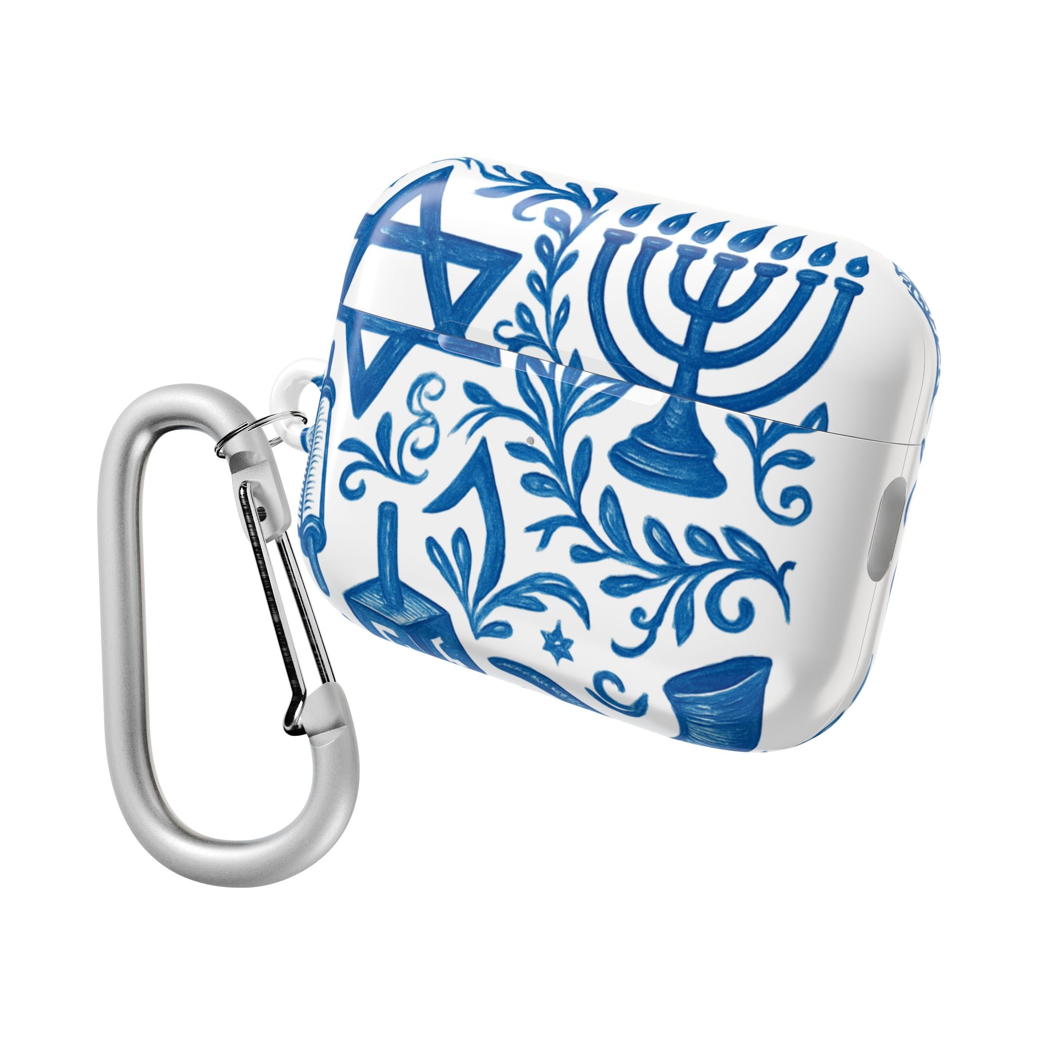 Hanukkah AirPod Case — Blue Menorah, Star of David & Dreidel Design