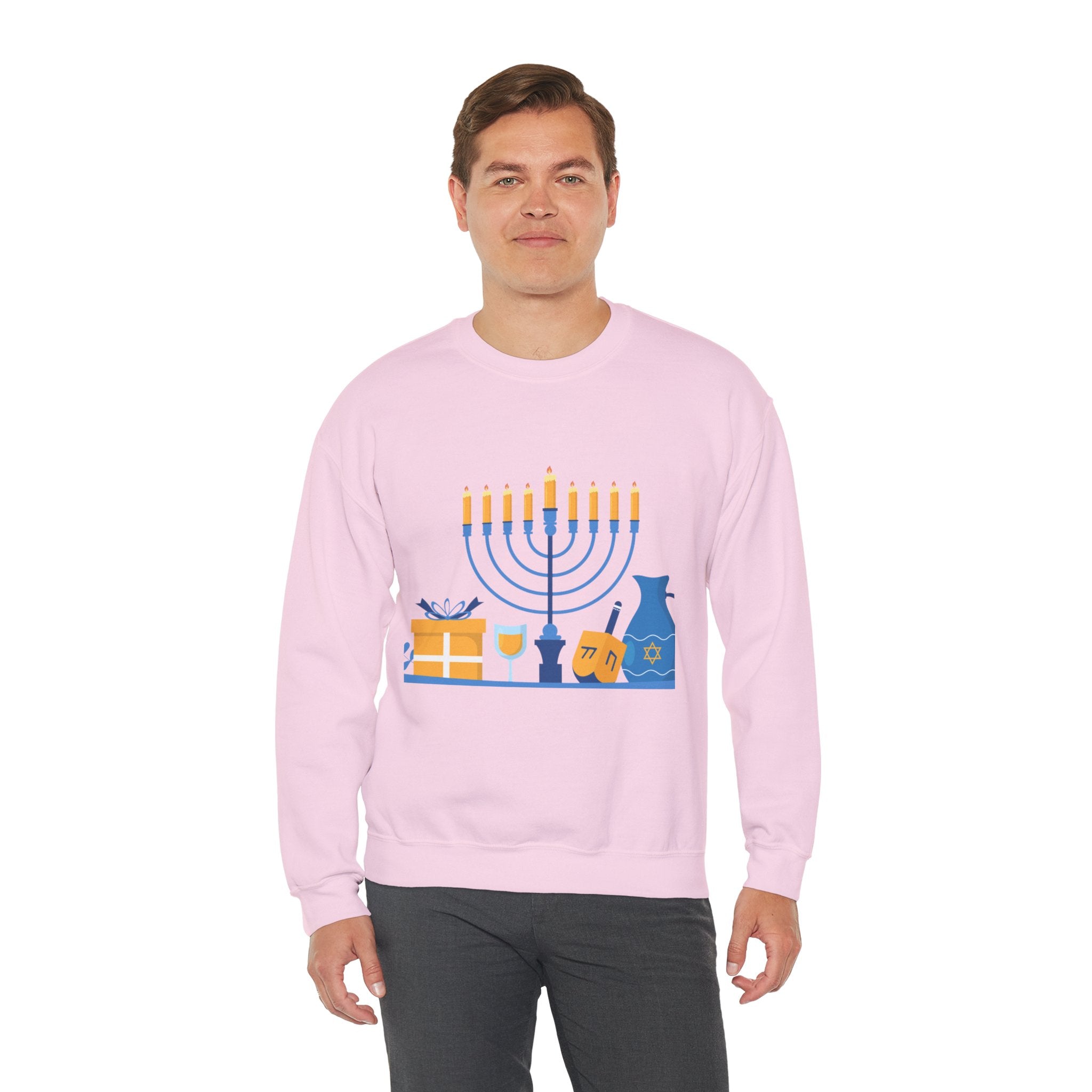 Hanukkah Crewneck Sweatshirt — Menorah, Dreidel & ‘Happy Hanukkah’ Holiday Sweater