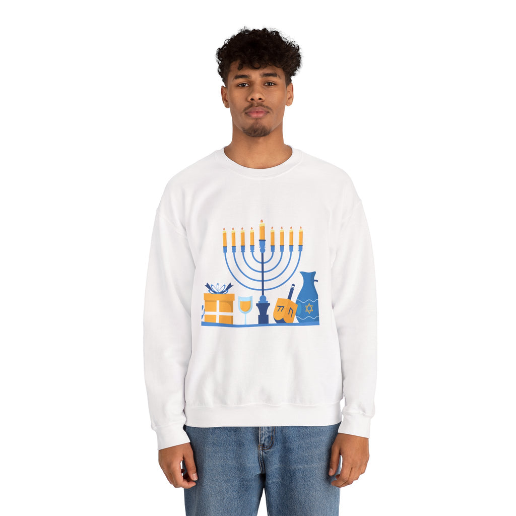 Hanukkah Crewneck Sweatshirt — Menorah, Dreidel & ‘Happy Hanukkah’ Holiday Sweater