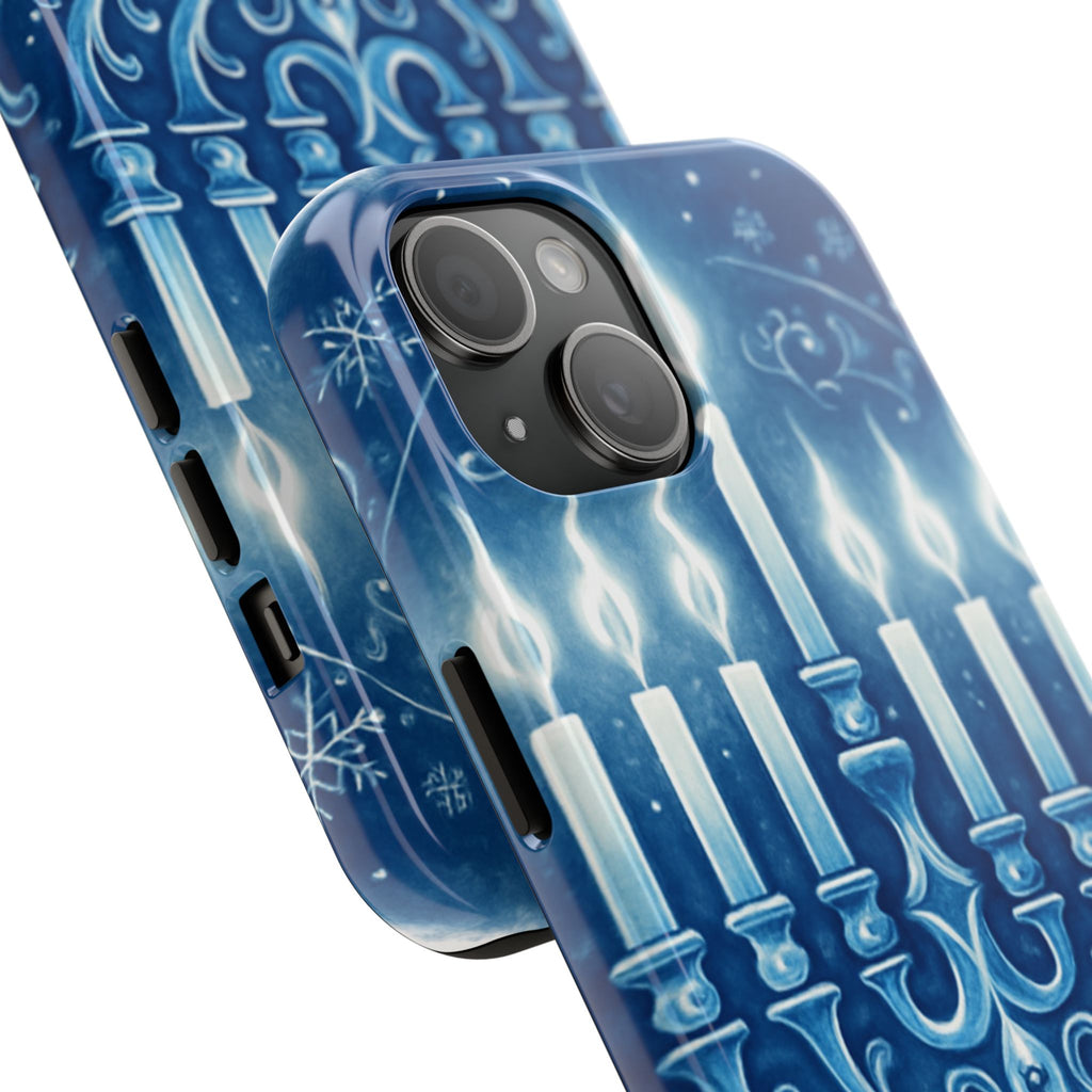 Blue Hanukkah Menorah Tough Phone Case — Holiday Candlelight Protective Cover