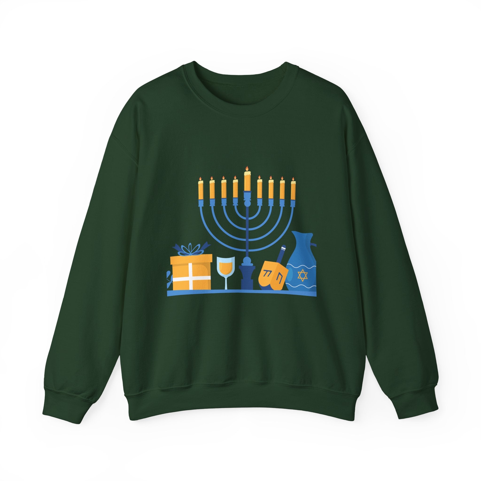 Hanukkah Crewneck Sweatshirt — Menorah, Dreidel & ‘Happy Hanukkah’ Holiday Sweater