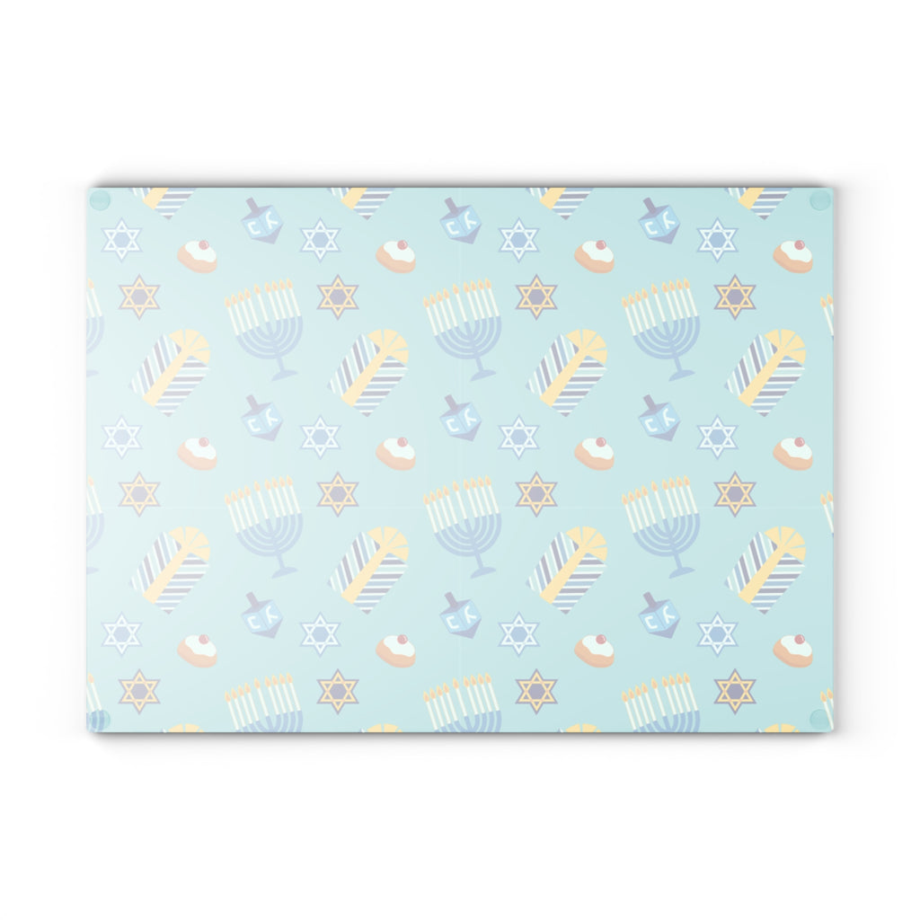 Hanukkah Pattern Glass Cutting Board — Menorah, Dreidel & Gelt Kitchen Board