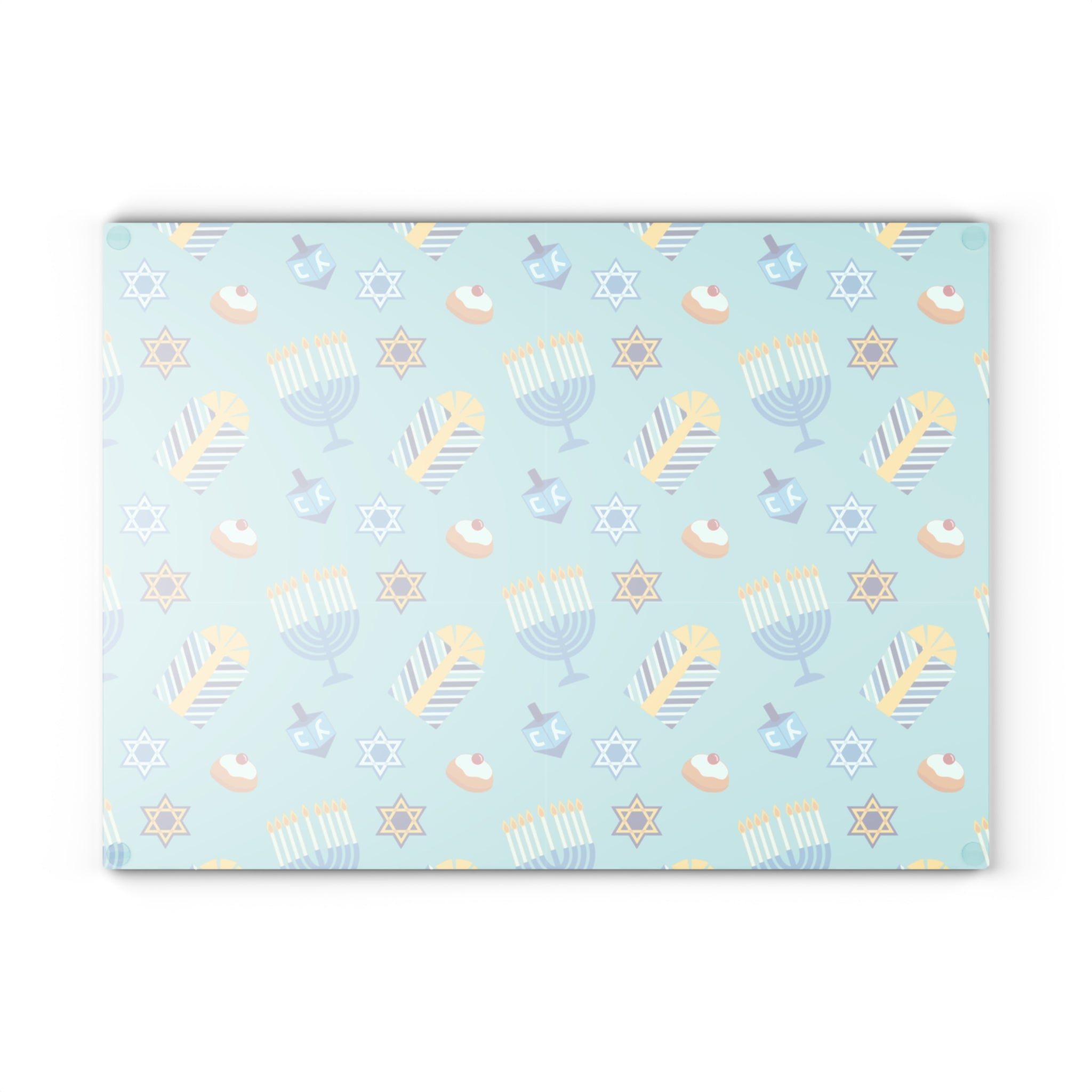 Hanukkah Pattern Glass Cutting Board — Menorah, Dreidel & Gelt Kitchen Board