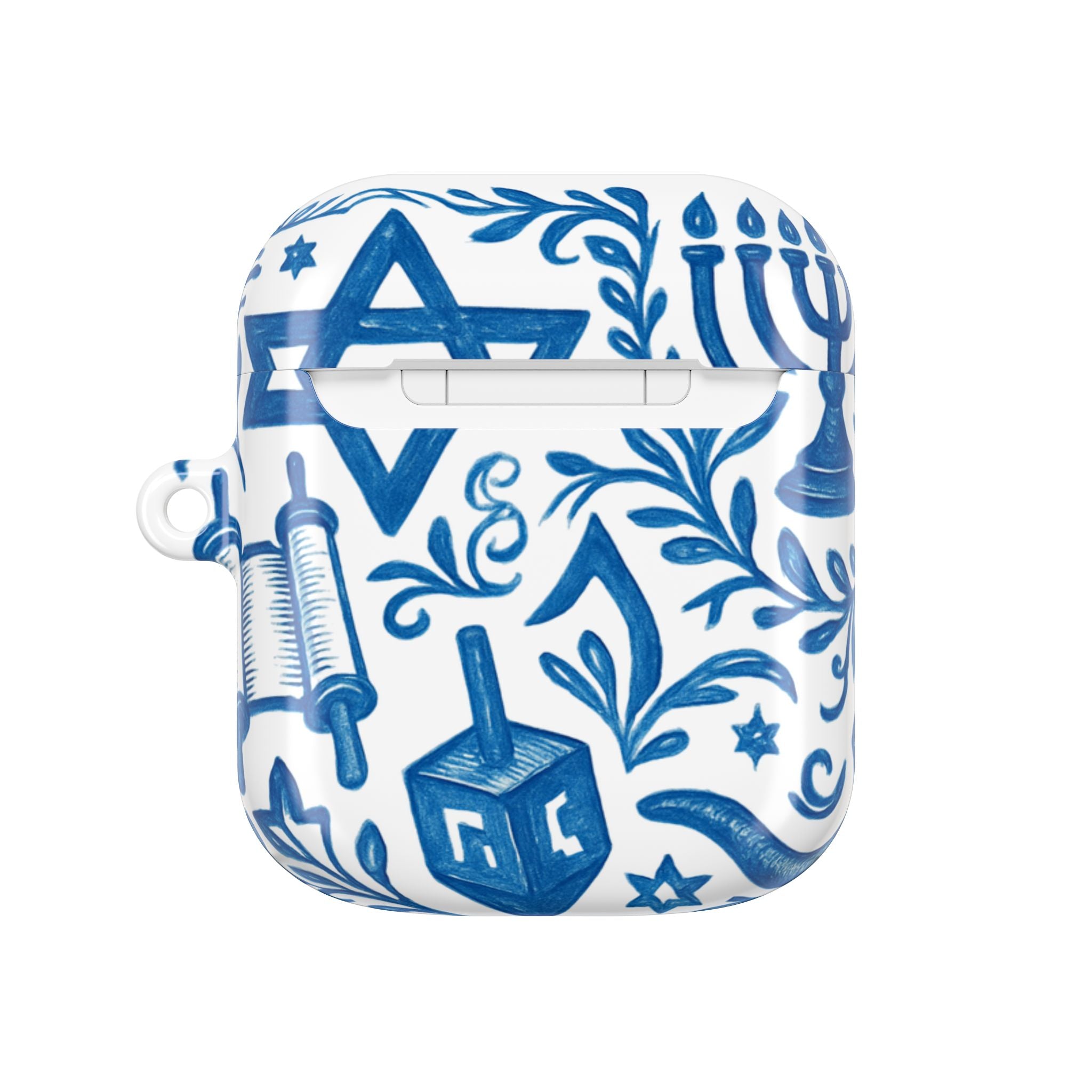 Hanukkah AirPod Case — Blue Menorah, Star of David & Dreidel Design