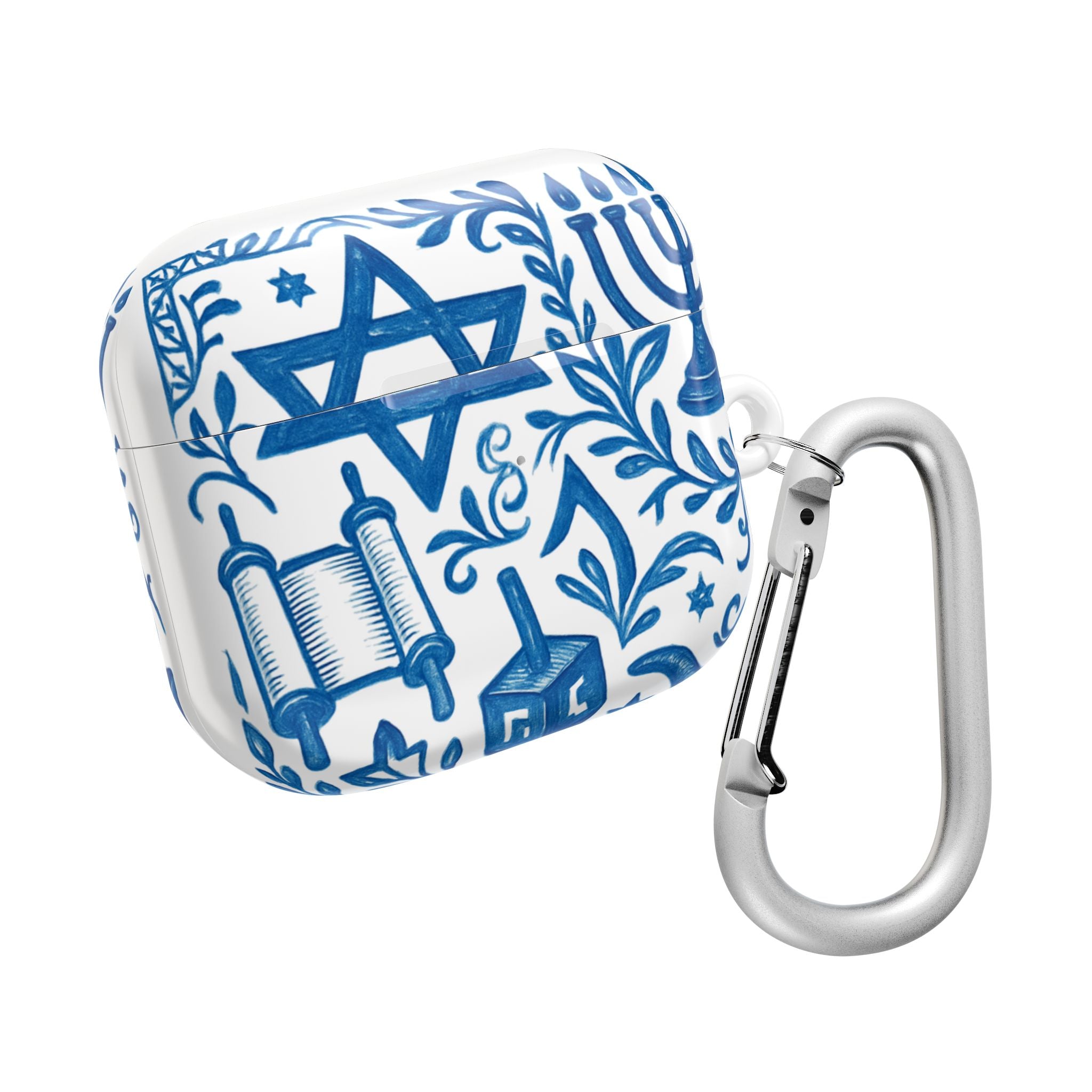 Hanukkah AirPod Case — Blue Menorah, Star of David & Dreidel Design