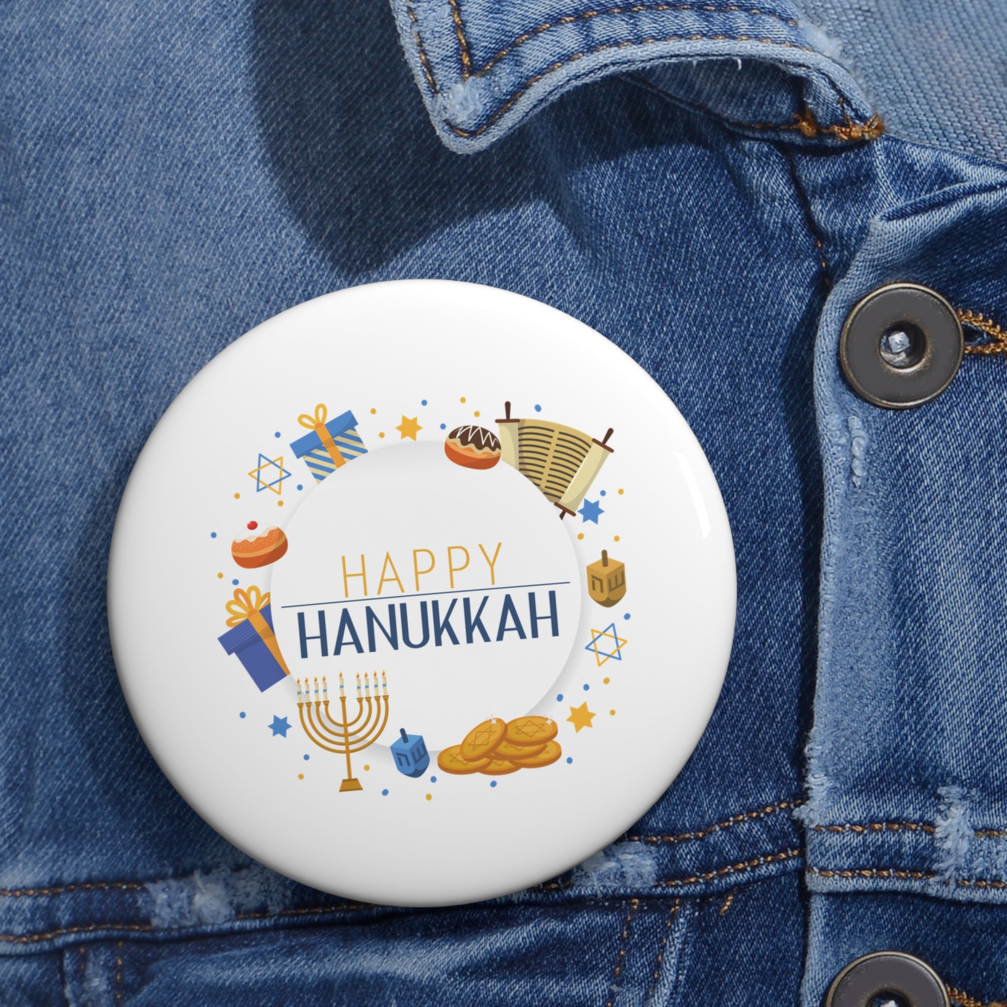 Happy Hanukkah Pin Button — Festive Menorah & Dreidel Holiday Badge