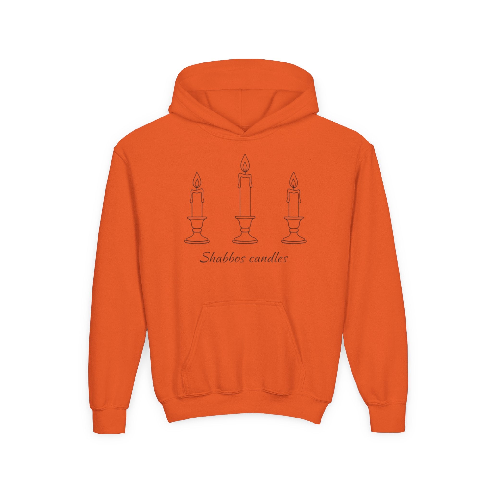 Orange hoodie with 'Shabbos candles' design on a white background