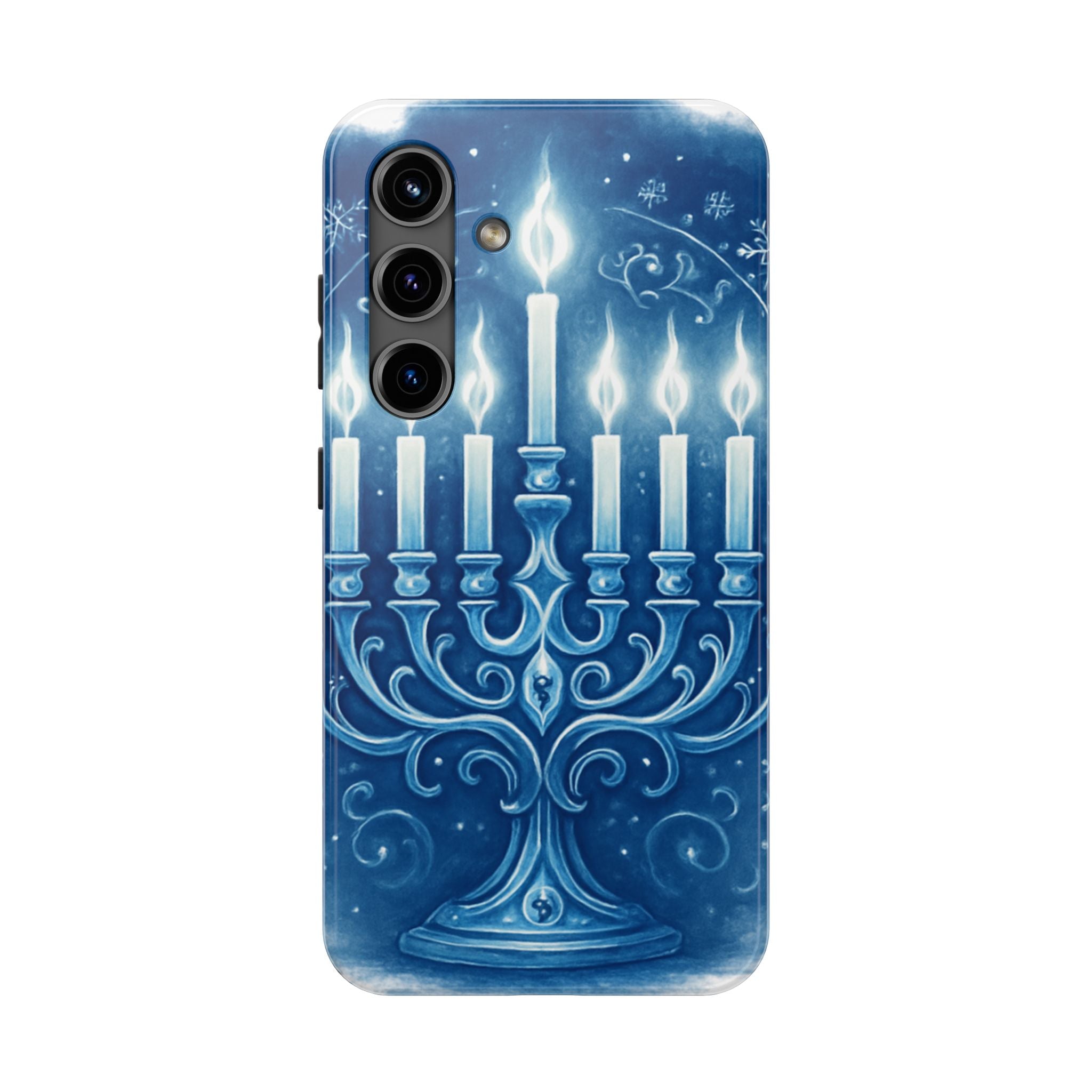 Blue Hanukkah Menorah Tough Phone Case — Holiday Candlelight Protective Cover