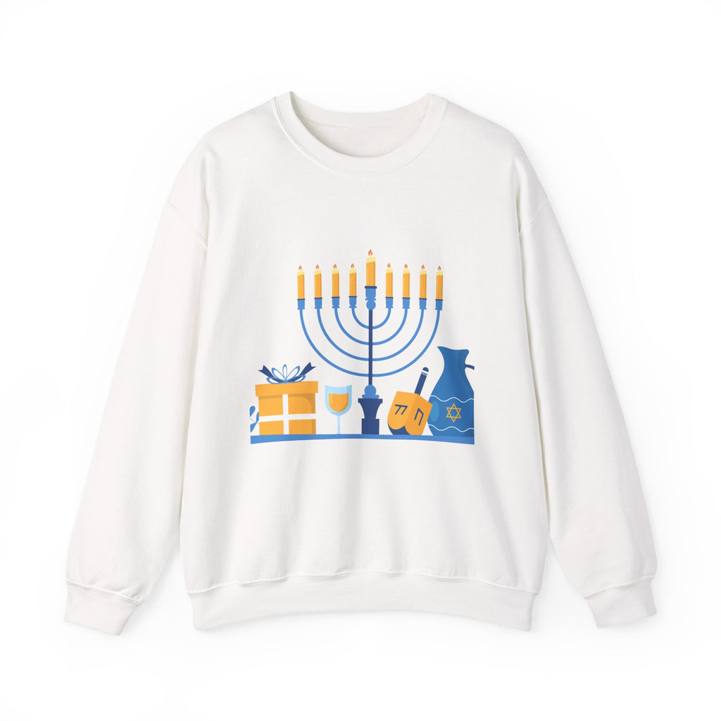Hanukkah Crewneck Sweatshirt — Menorah, Dreidel & ‘Happy Hanukkah’ Holiday Sweater